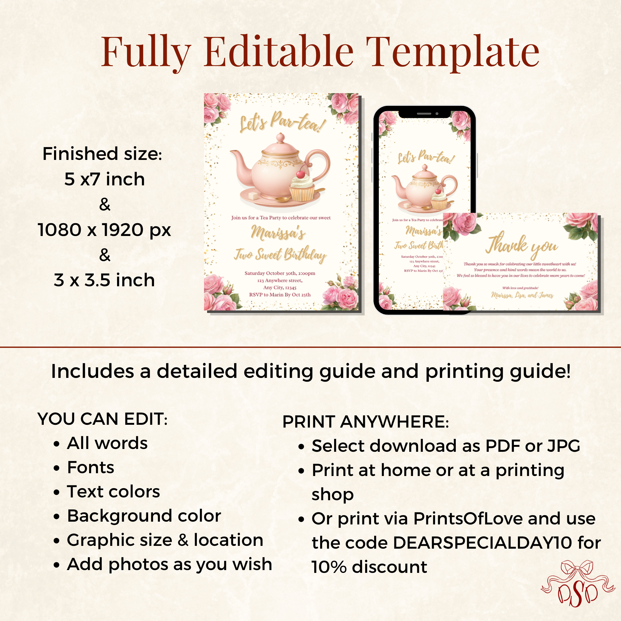 2nd Pink Floral Tea Party Birthday Invitation - additional gallery view