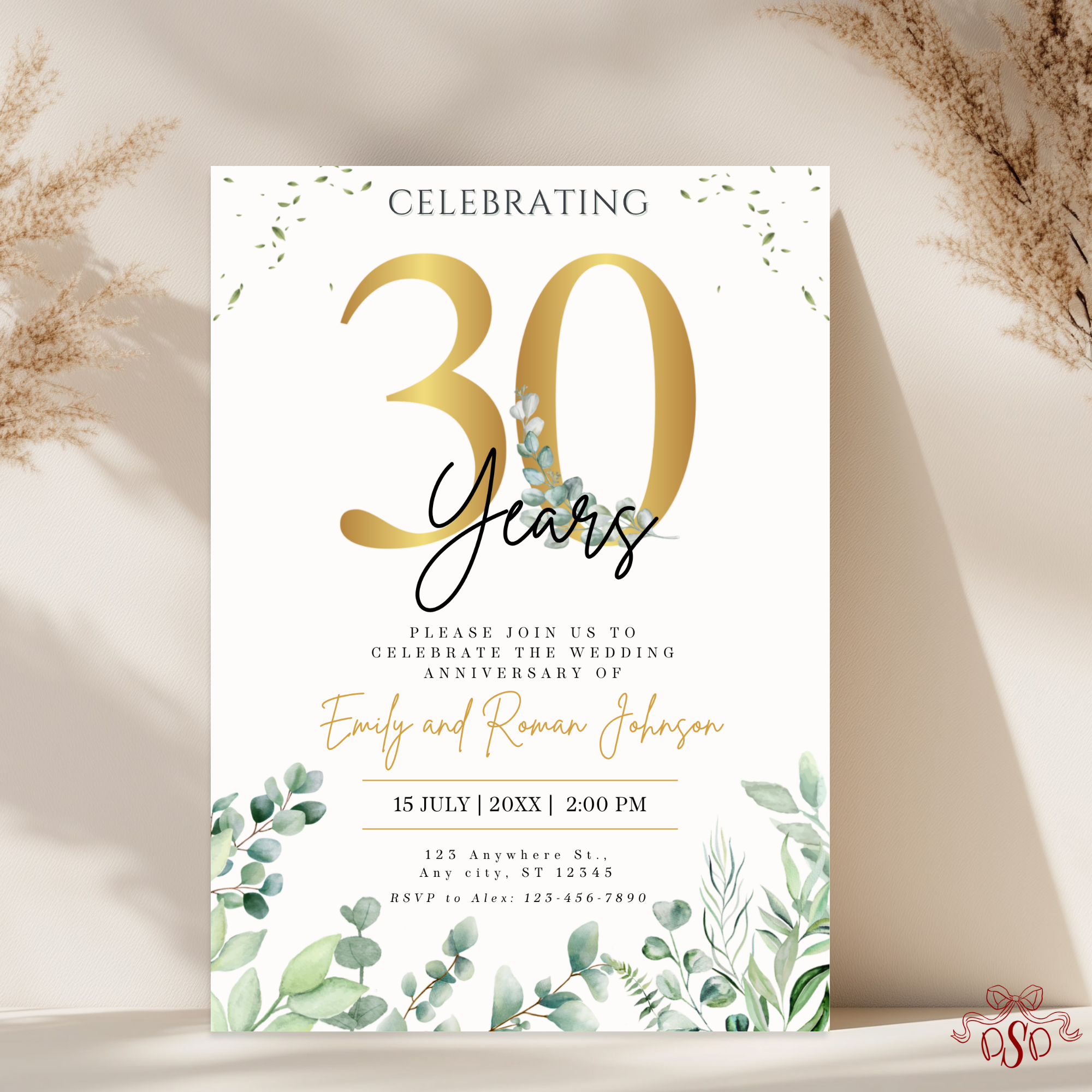 30th Anniversary Invitation Gold Eucalyptus Green
