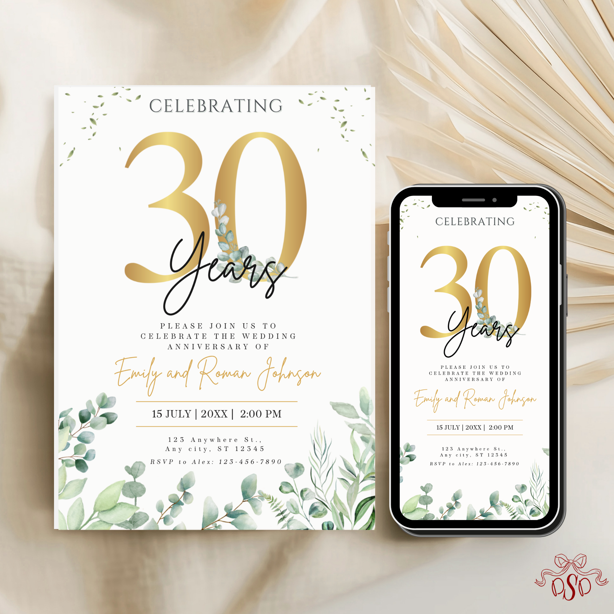 30th Anniversary Invitation Gold Eucalyptus Green