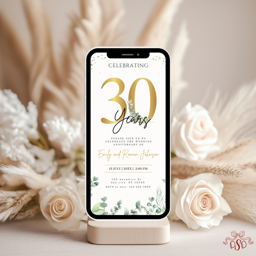 30th Anniversary Invitation Gold Eucalyptus Green
