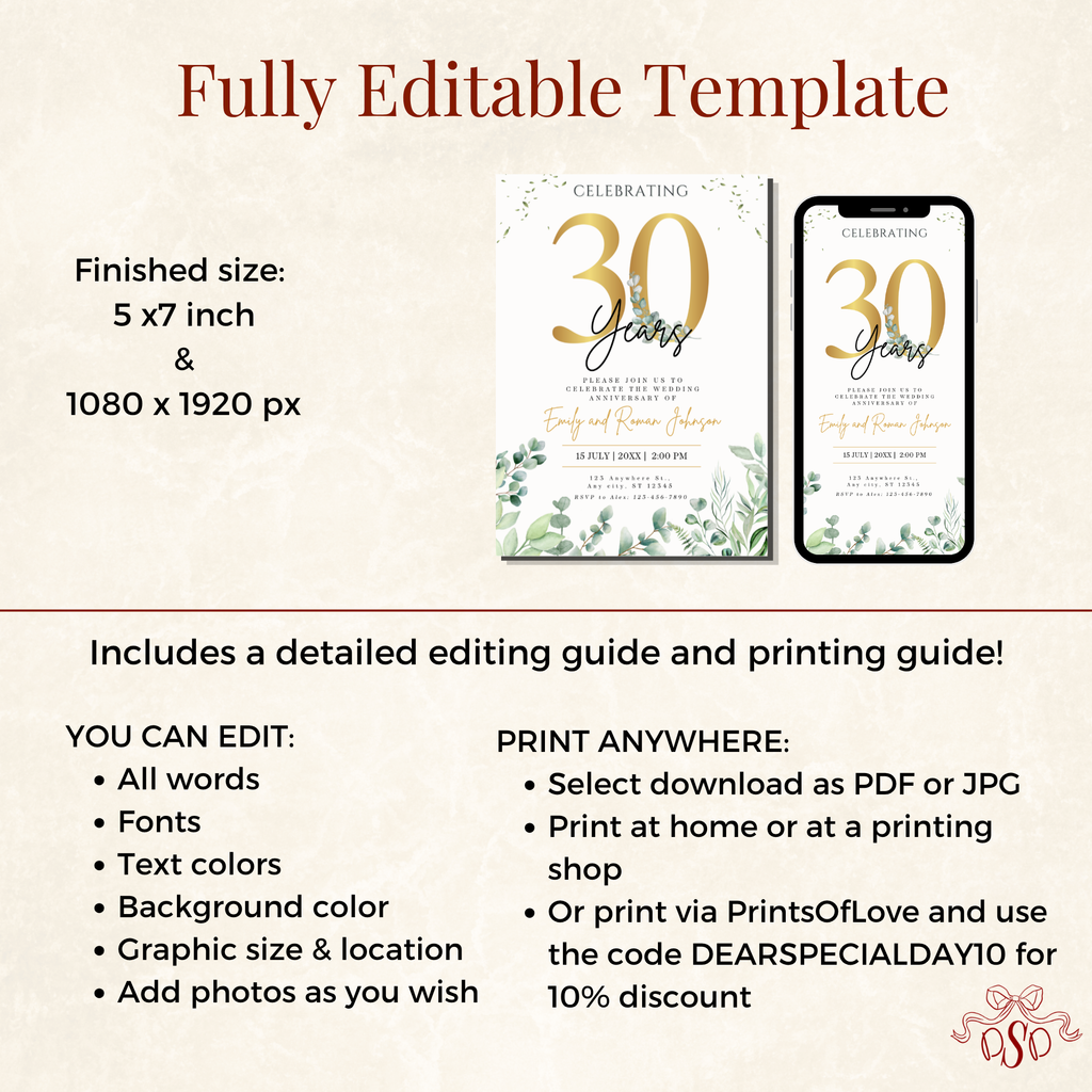 30th Anniversary Invitation Gold Eucalyptus Green