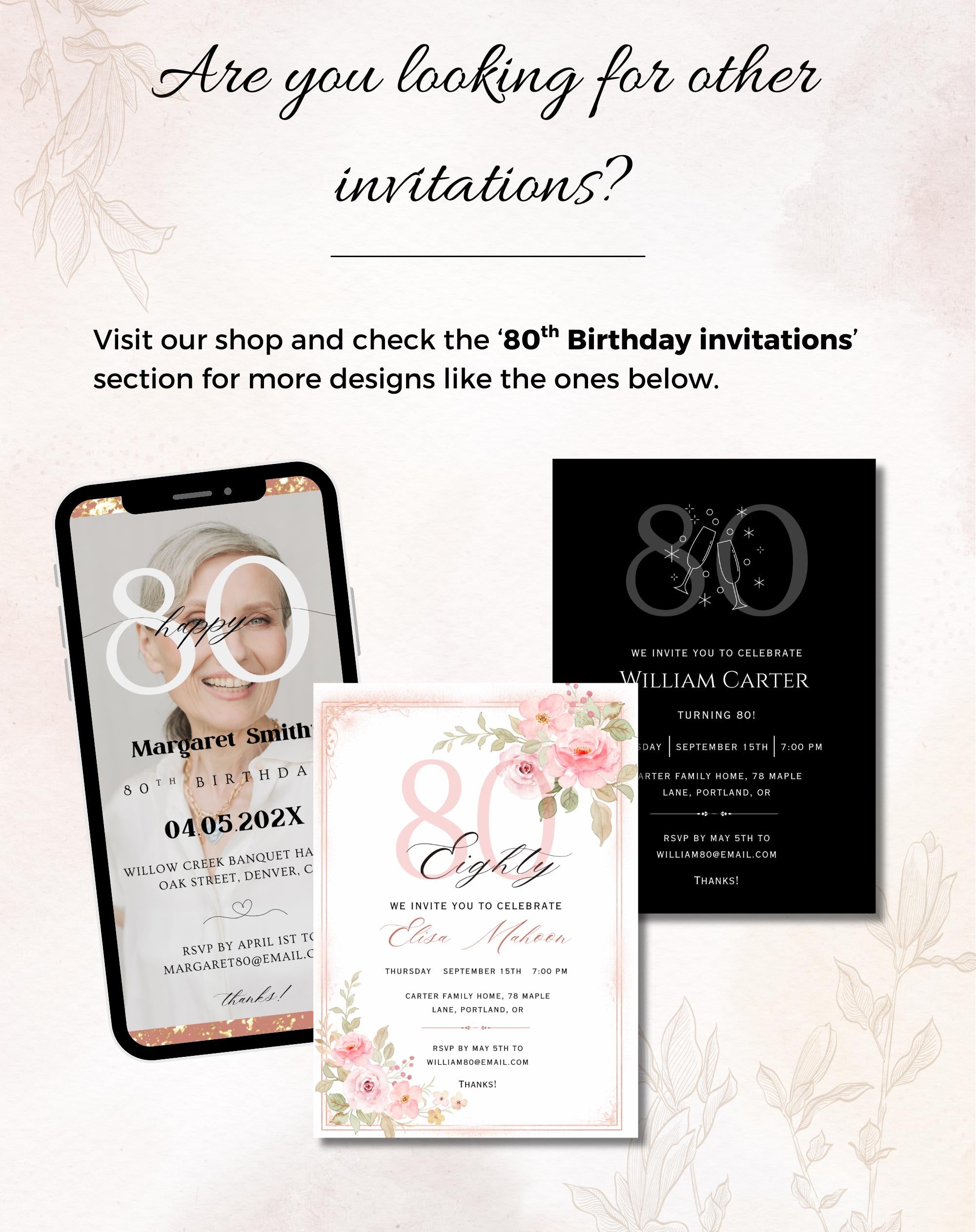 80th Pink Gold Floral Elegant Birthday Invitation
