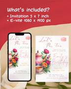 Tea Party Watercolor Floral Macaron Birthday Invitation