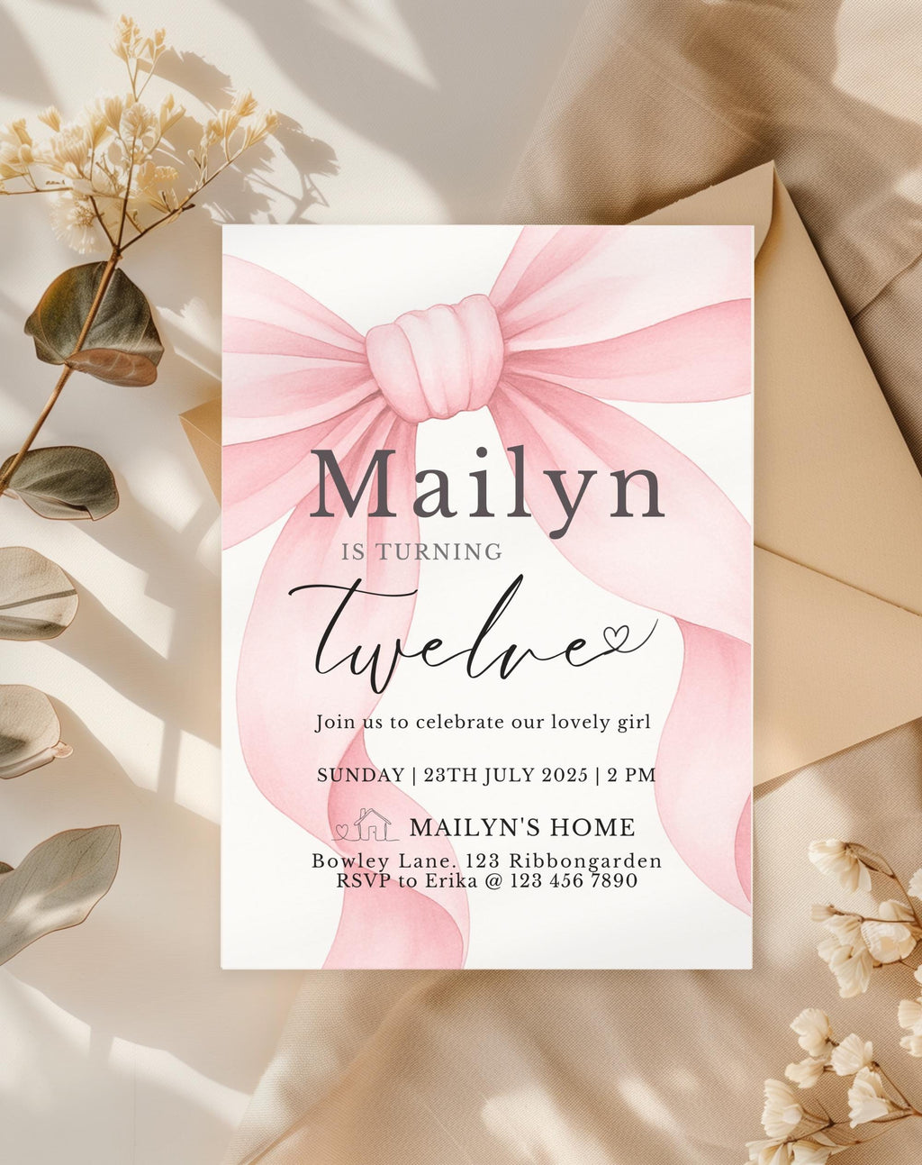 Pink Bow with Ribbon Birthday Party Invitation