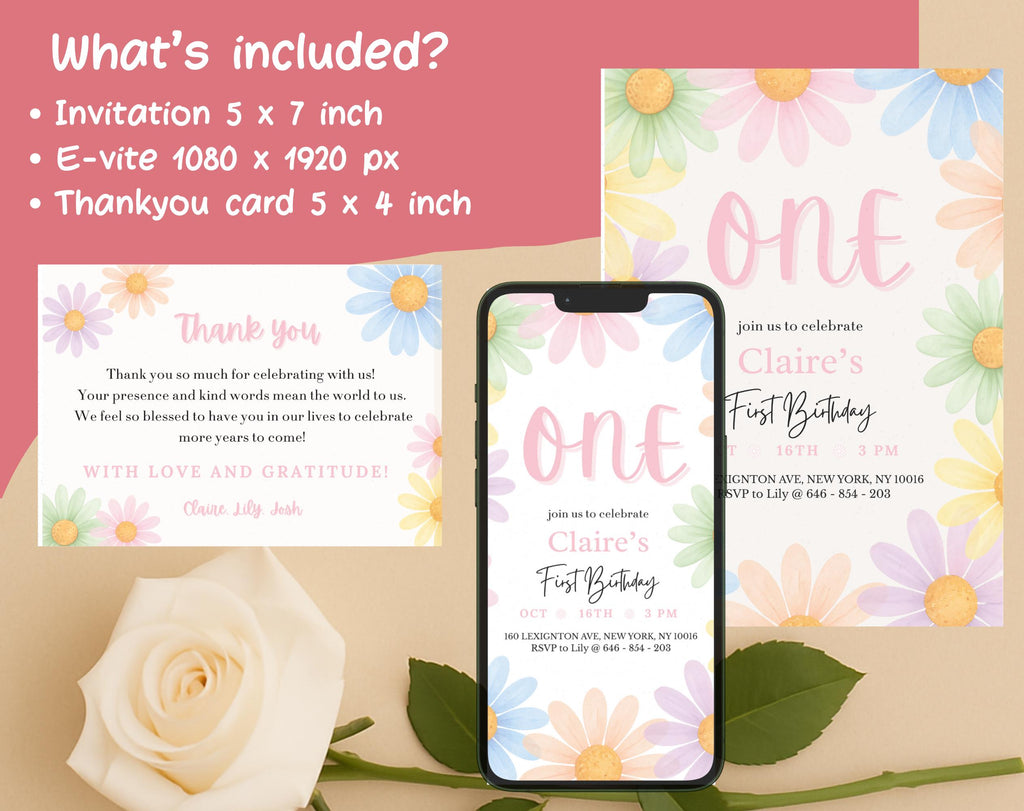 Pastel Floral Daisy First Birthday Invitation