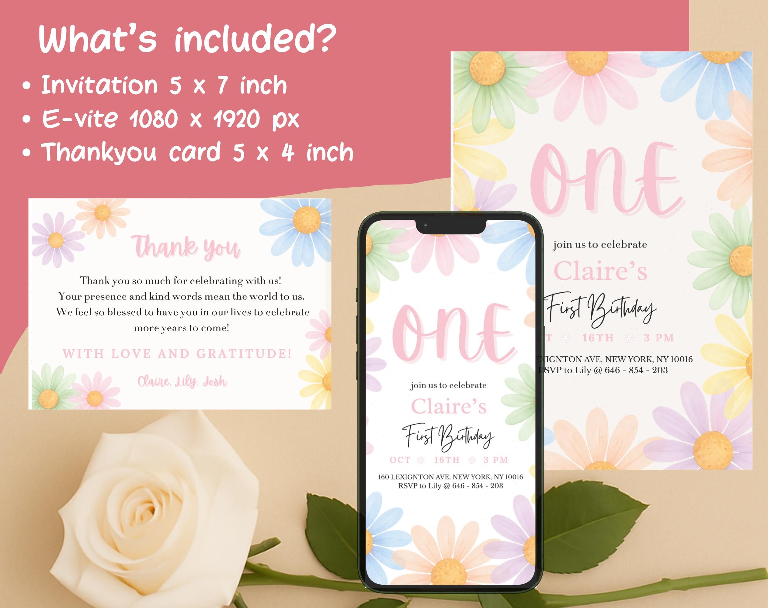 Pastel Floral Daisy First Birthday Invitation