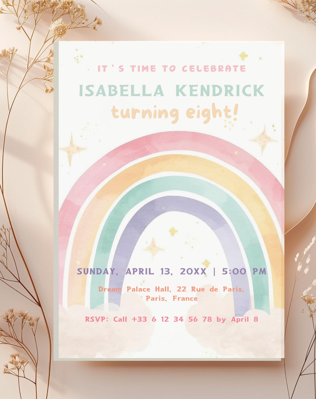 Rainbow Soft Pastel  Birthday Invitation