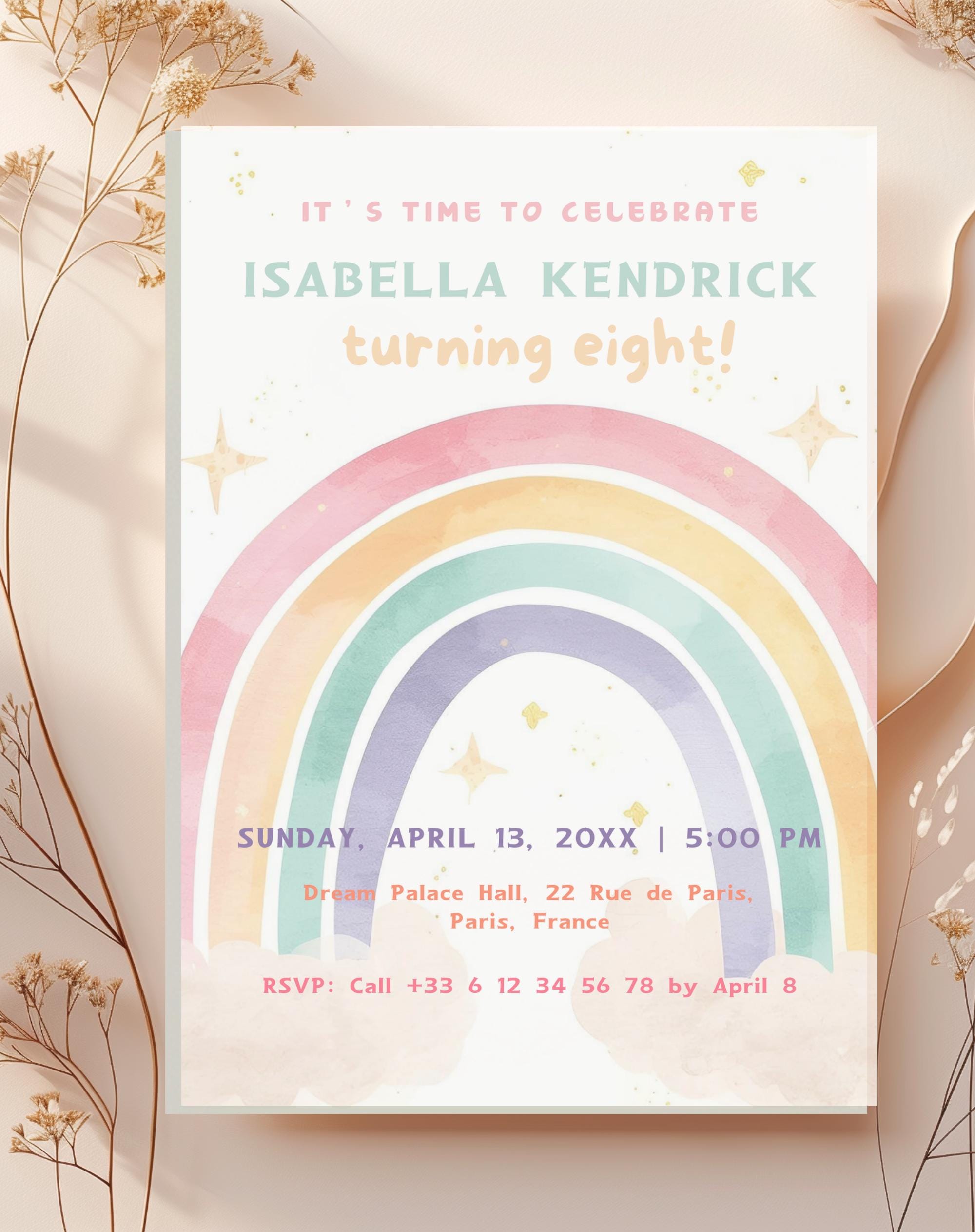 Rainbow Soft Pastel  Birthday Invitation