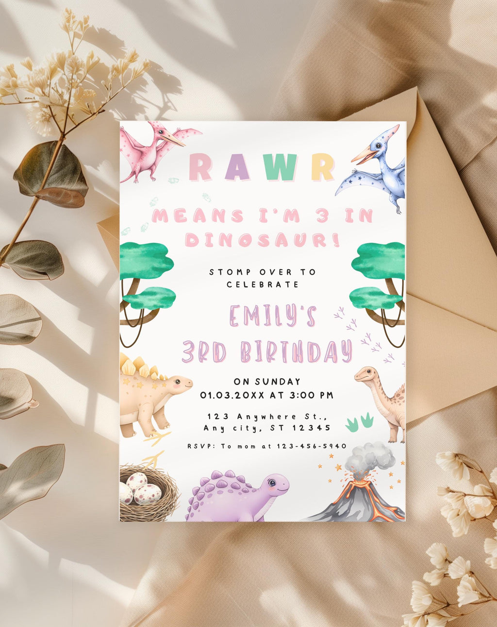 Dinosaur Pastel Birthday Invitation