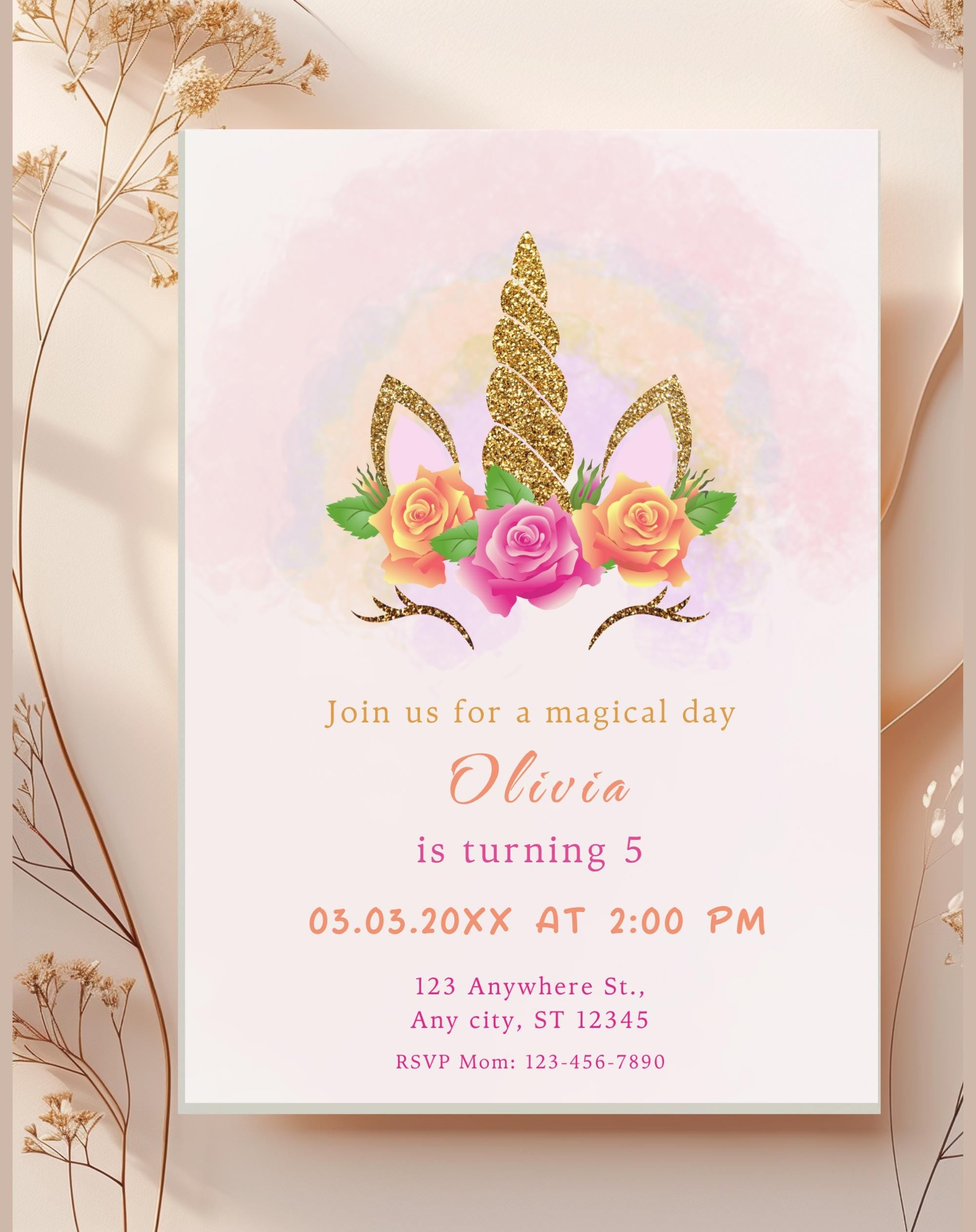 Unicorn Gold Watercolor Floral Birthday Invitation