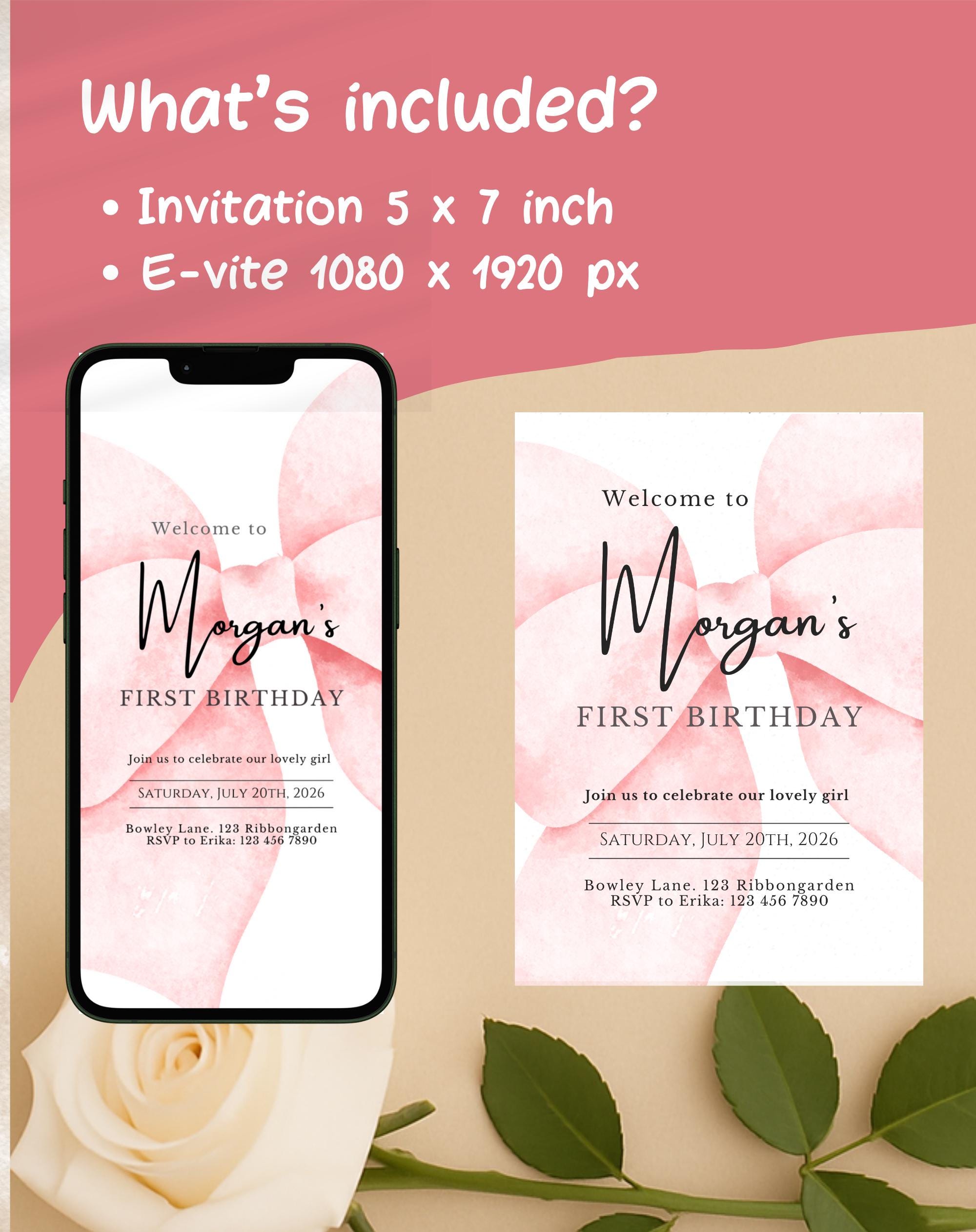 First Birthday Blush Pink Bow Invitation