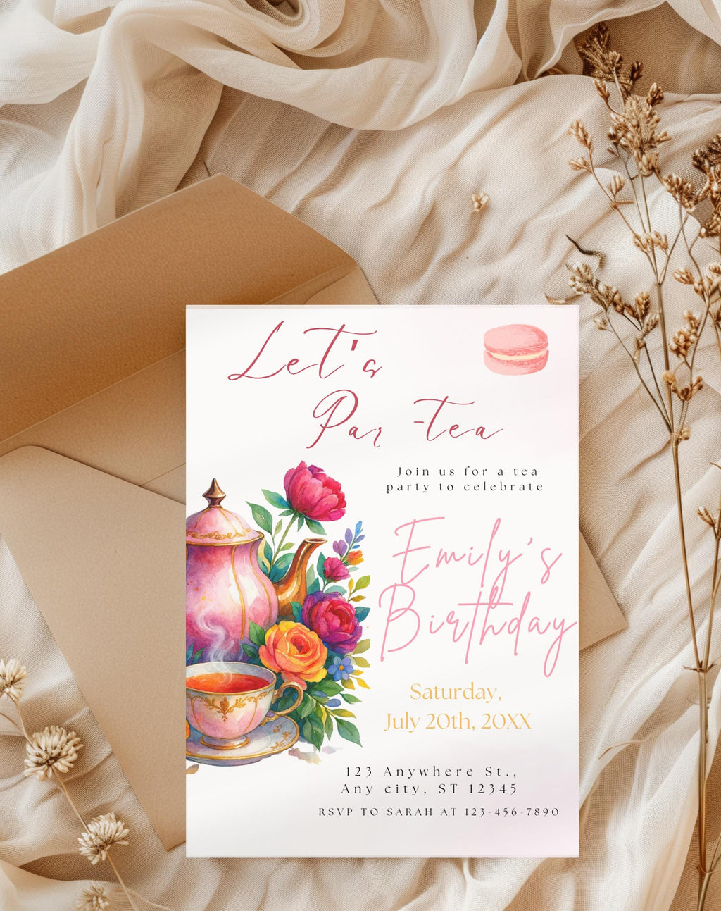 Tea Party Watercolor Floral Macaron Birthday Invitation