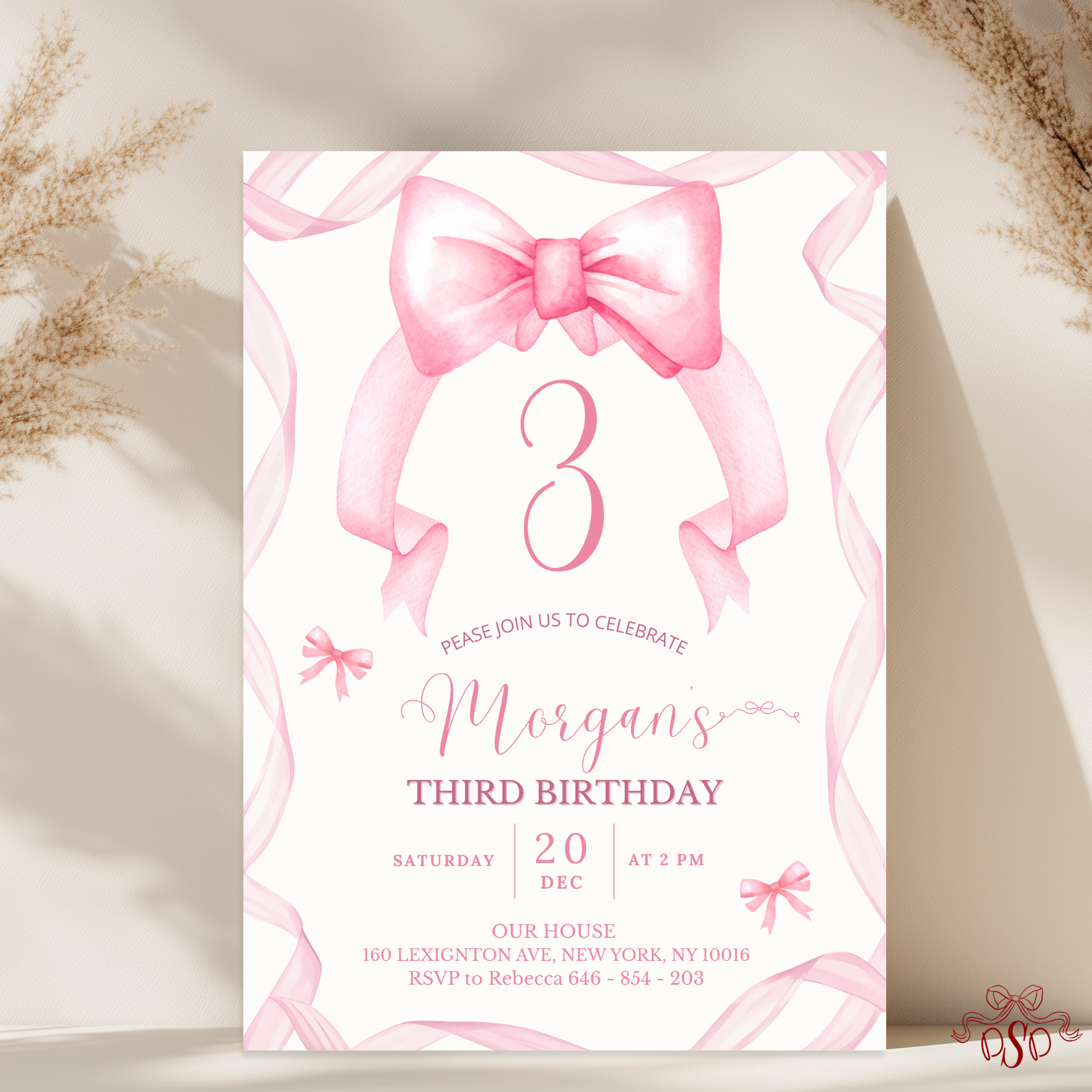 3rd Pink Bow Soft Blush Birthday Invitation - main design preview