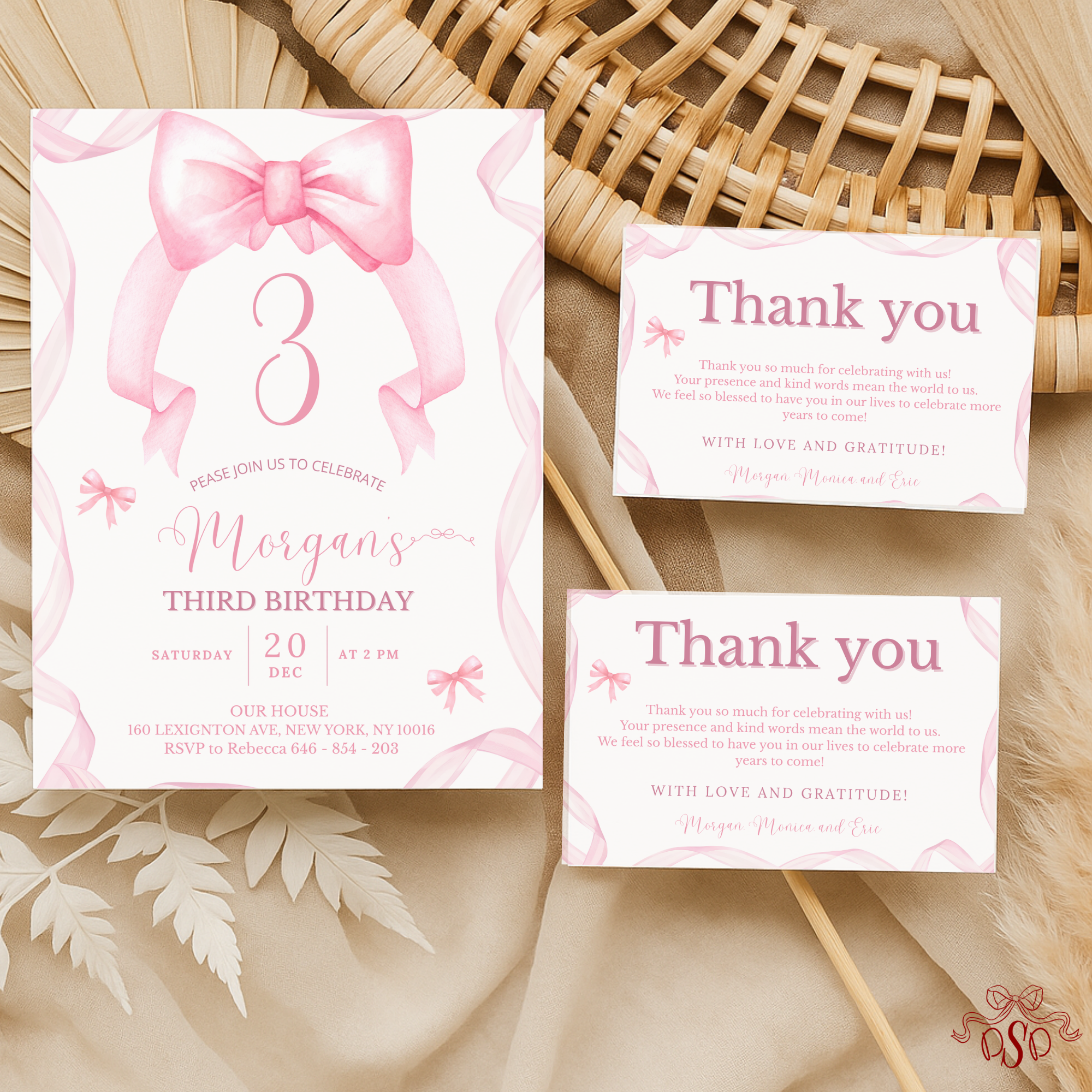 3rd Pink Bow Soft Blush Birthday Invitation - styled invitation mockup