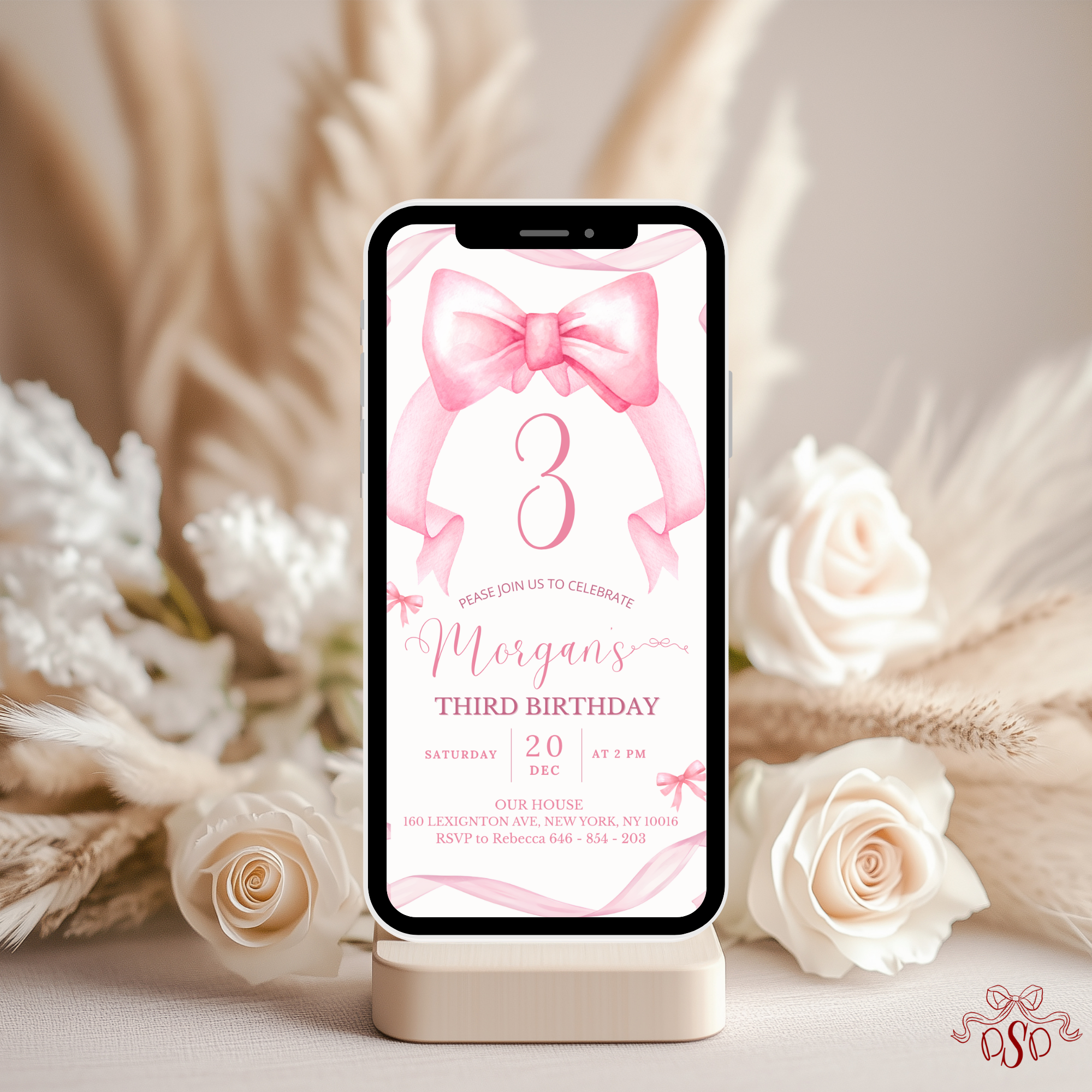 3rd Pink Bow Soft Blush Birthday Invitation - additional gallery view