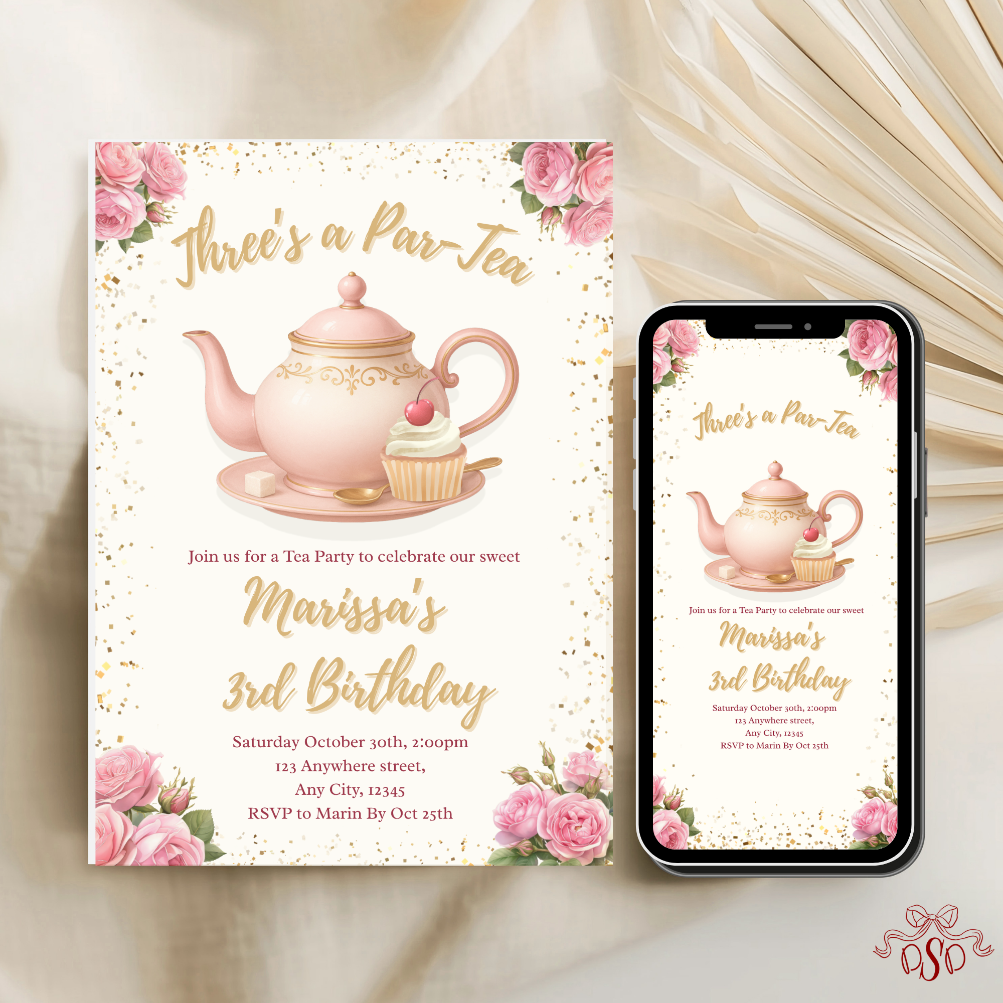 3rd Pink Floral Tea Party Birthday Invitation - editable Canva template gallery image