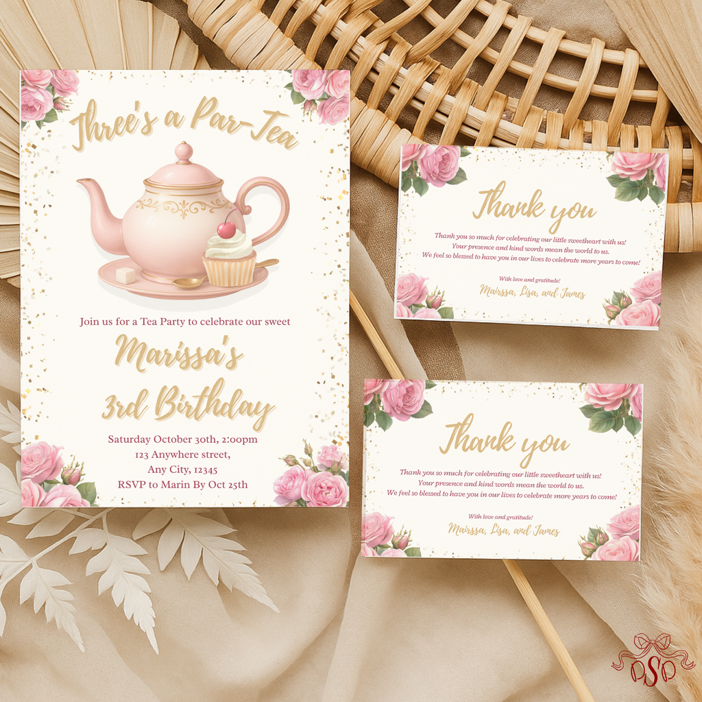 3rd Pink Floral Tea Party Birthday Invitation - printable invite design detail