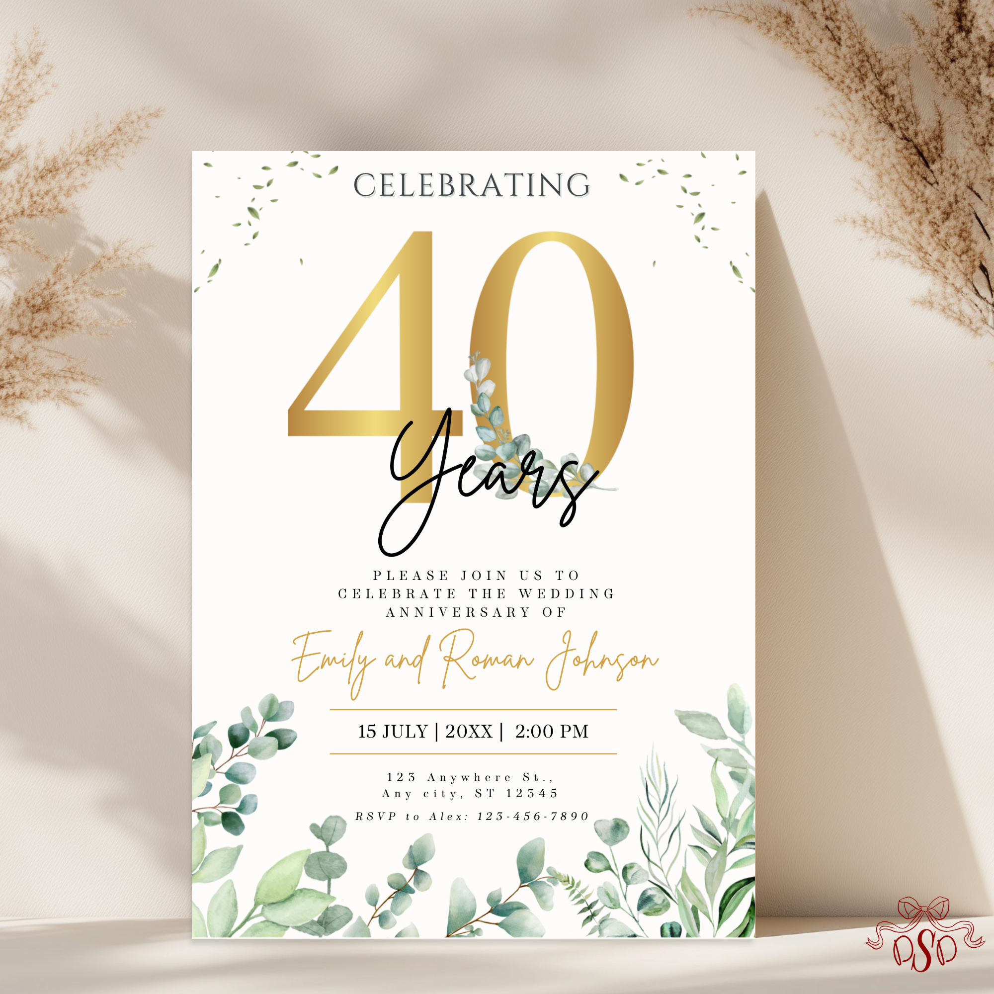 40th Anniversary Invitation Gold Eucalyptus Green