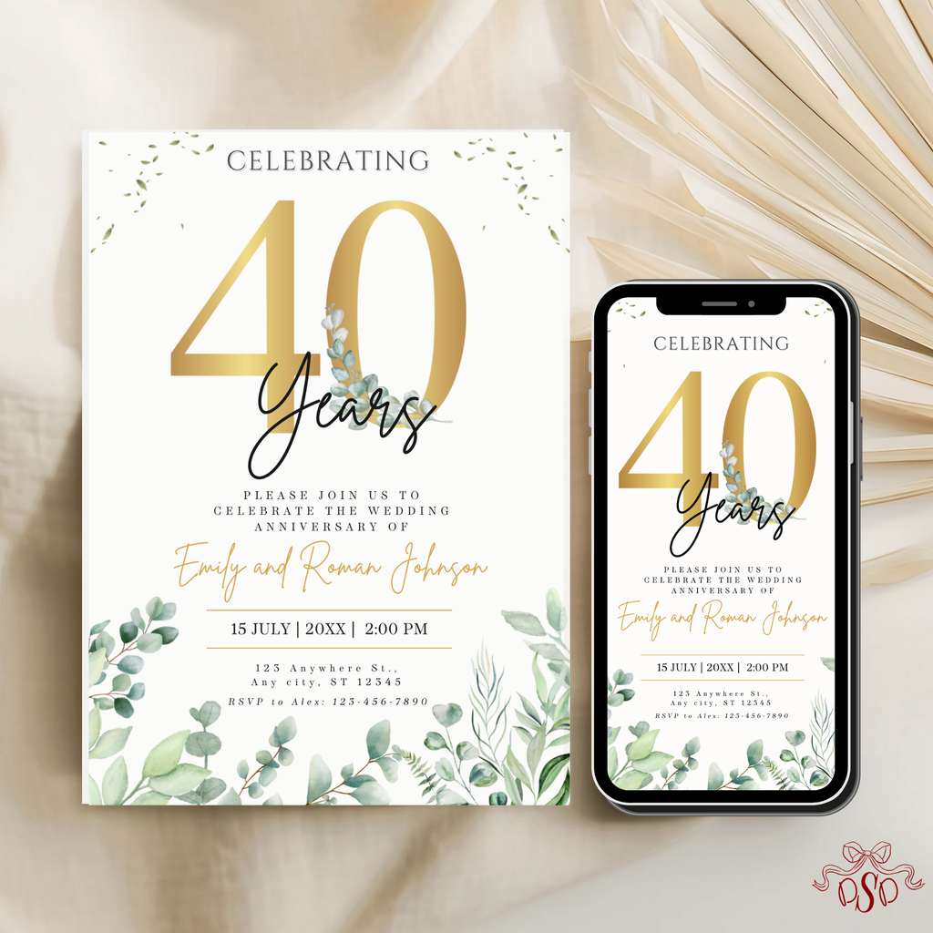 40th Anniversary Invitation Gold Eucalyptus Green