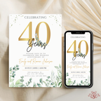 40th Anniversary Invitation Gold Eucalyptus Green