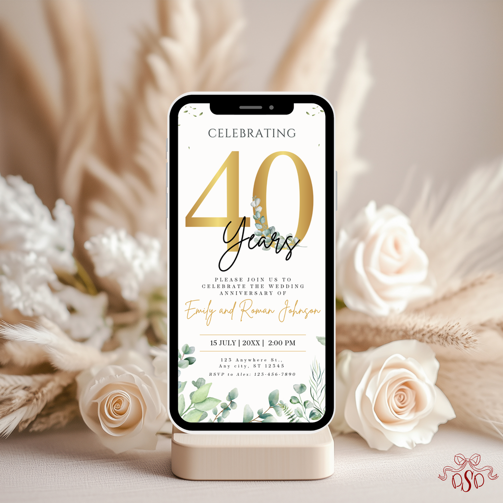 40th Anniversary Invitation Gold Eucalyptus Green