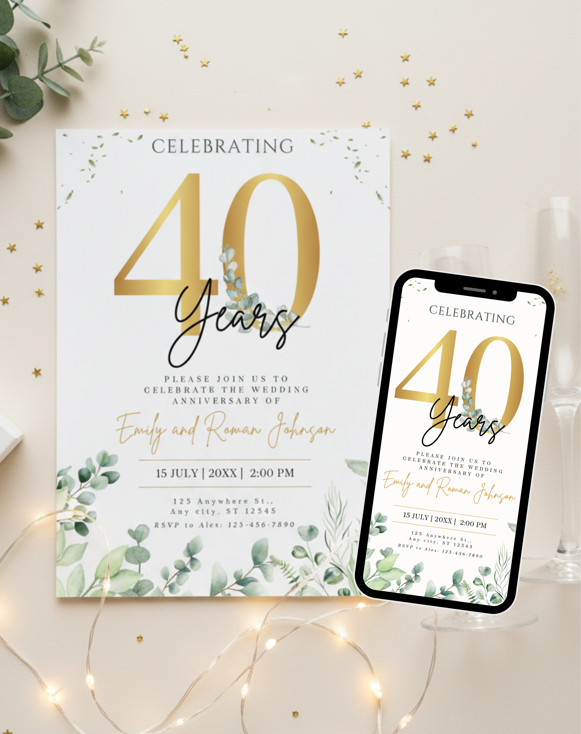 40th Anniversary Invitation Gold Eucalyptus Green