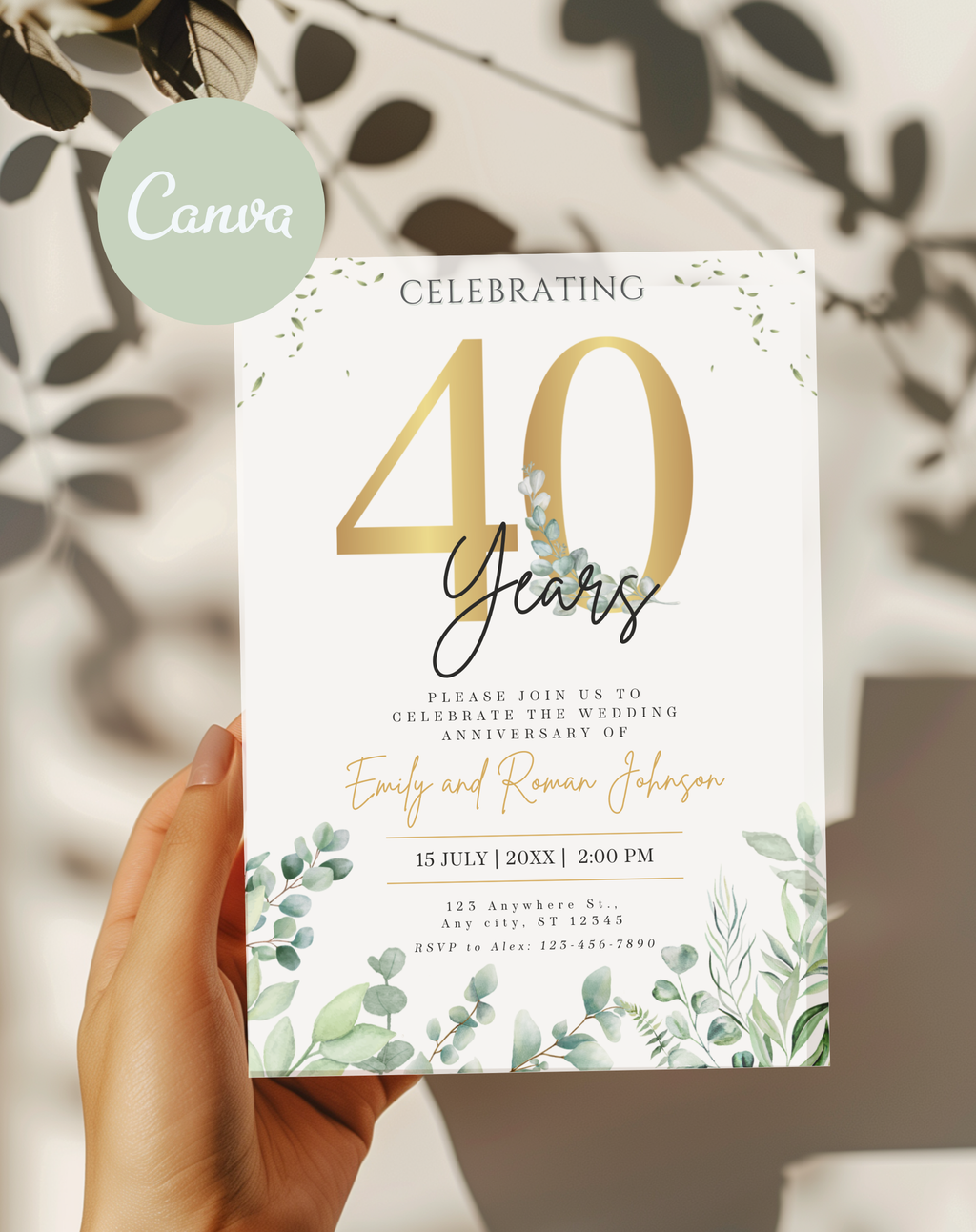 40th Anniversary Invitation Gold Eucalyptus Green
