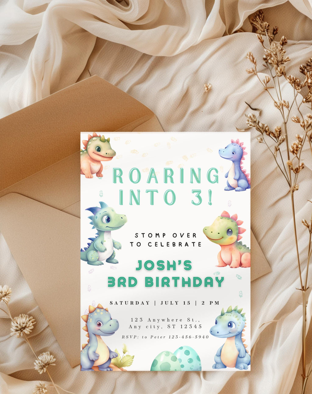 Dinosaur Colorful Pastel Birthday Invitation