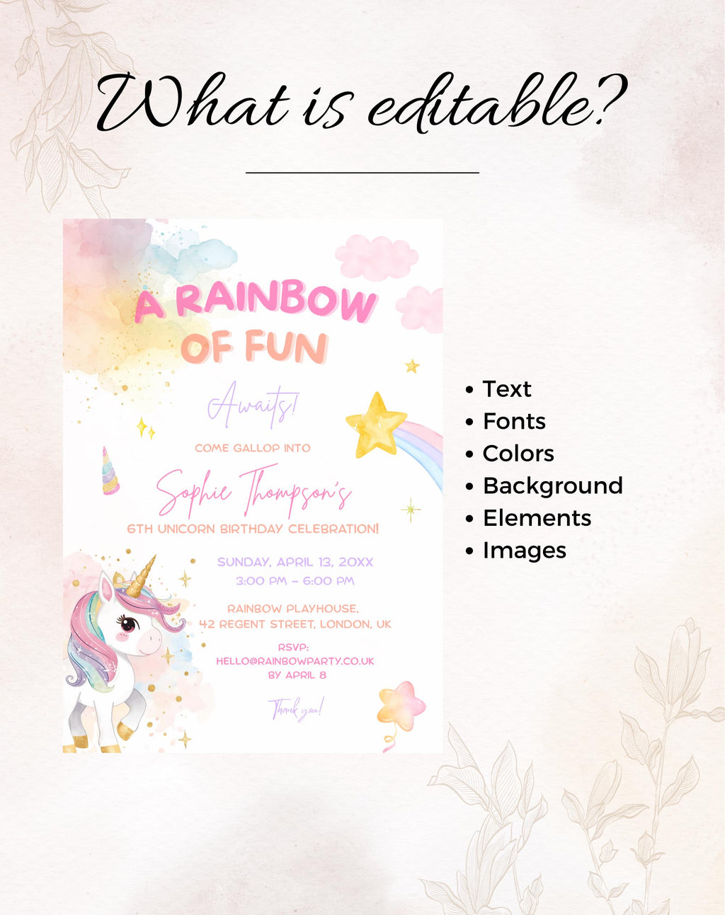 Unicorn Rainbow Birthday Invitation