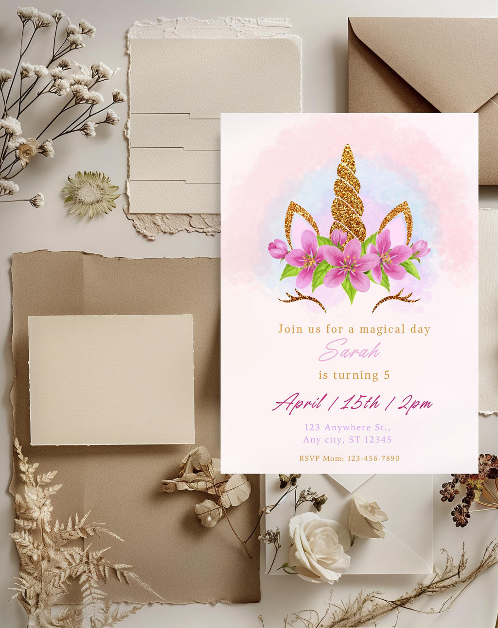 Unicorn Pink Gold Floral Birthday Invitation
