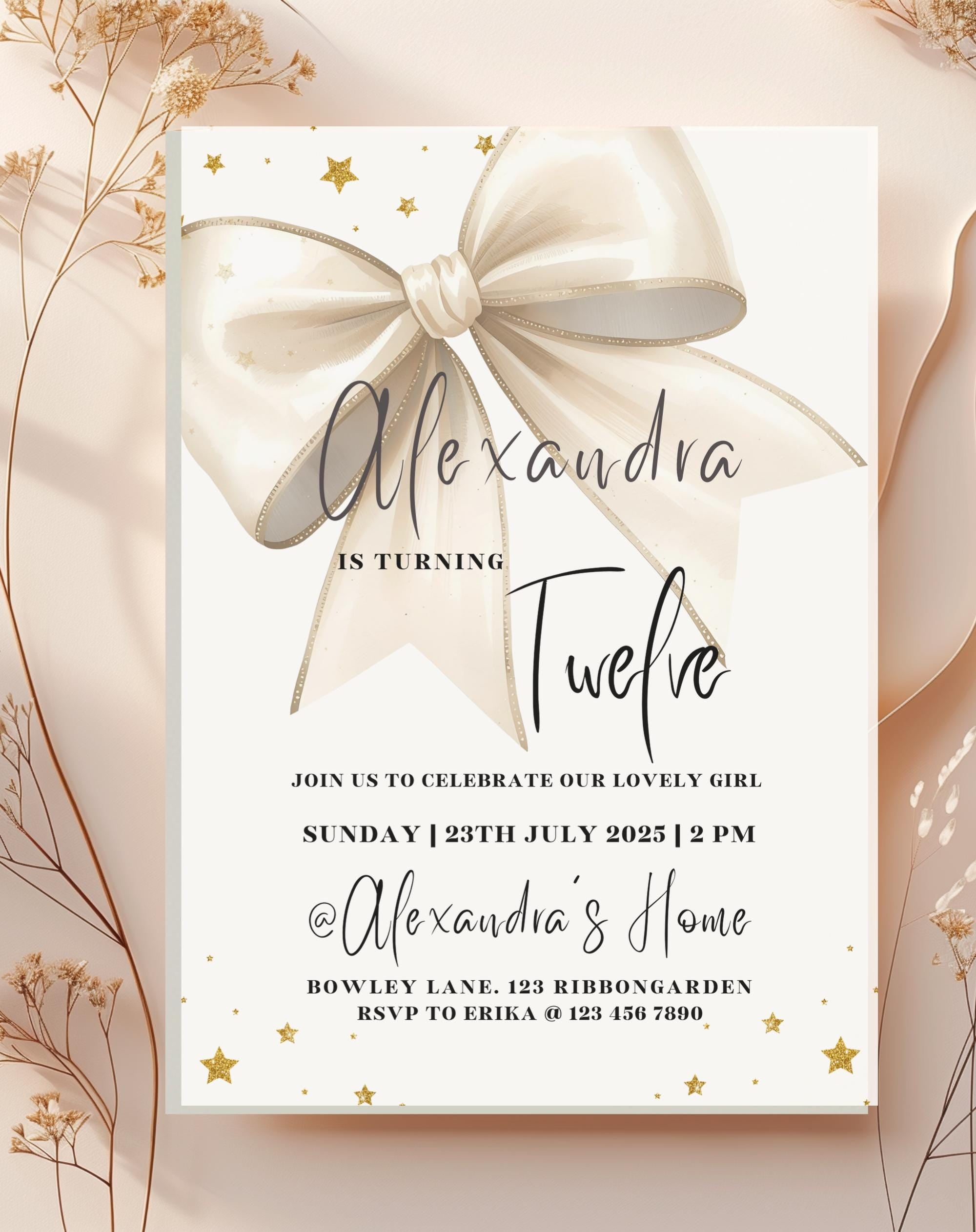 Gold Bow Satin Ribbon Birthday Invitation