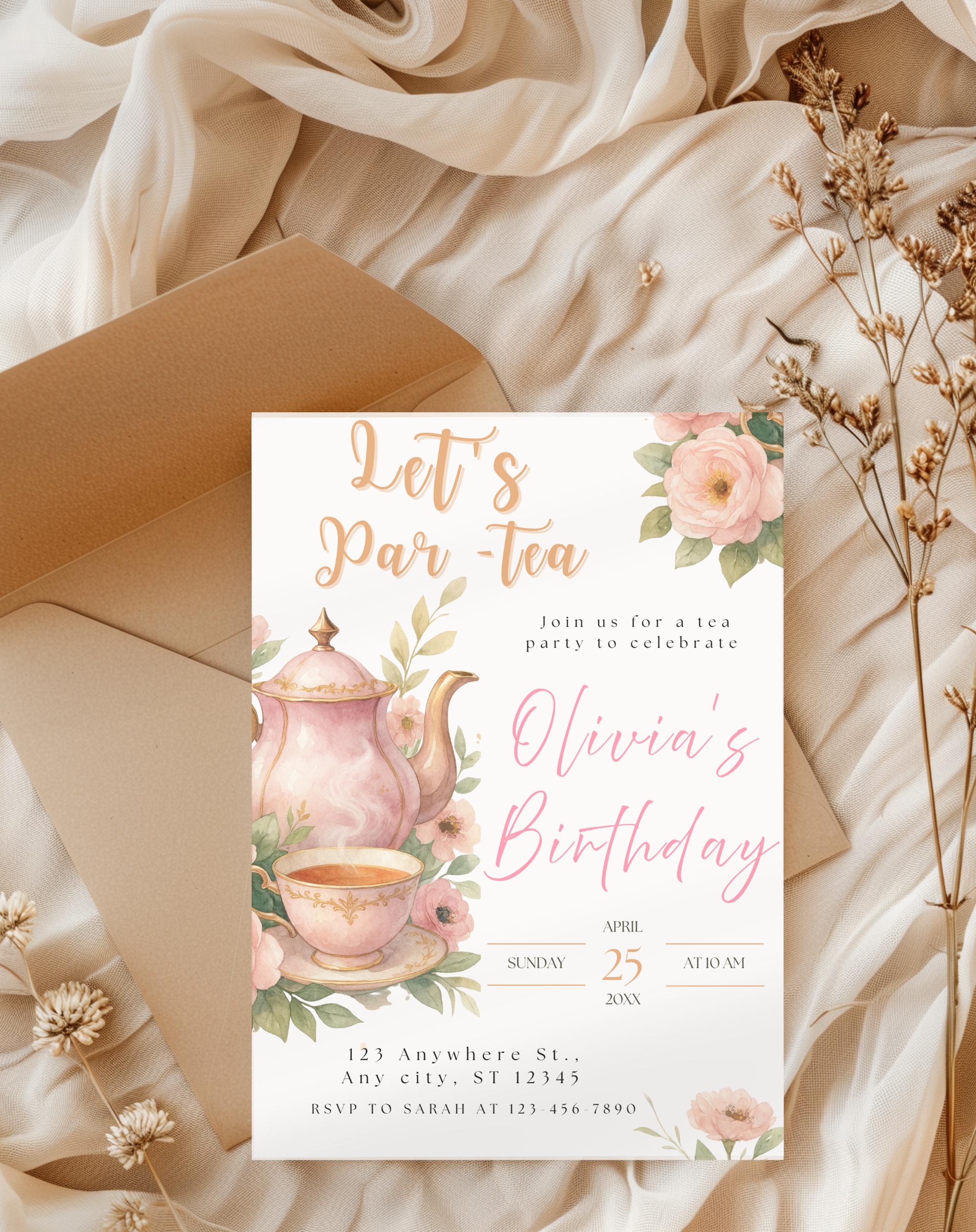 Watercolor Floral Tea Party Birthday Invitation