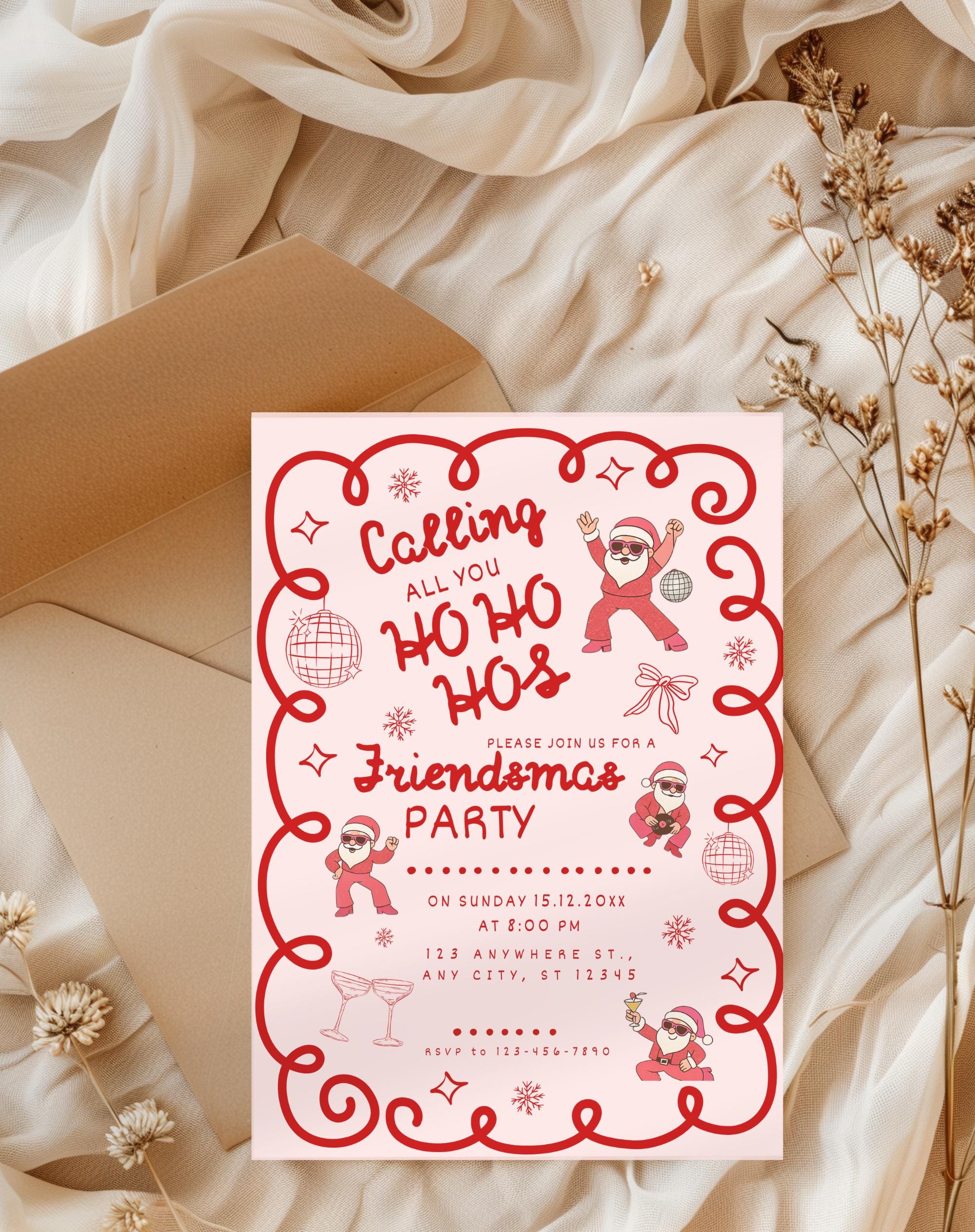 Christmas Pink/Red Retro Friendsmas Party Invitation