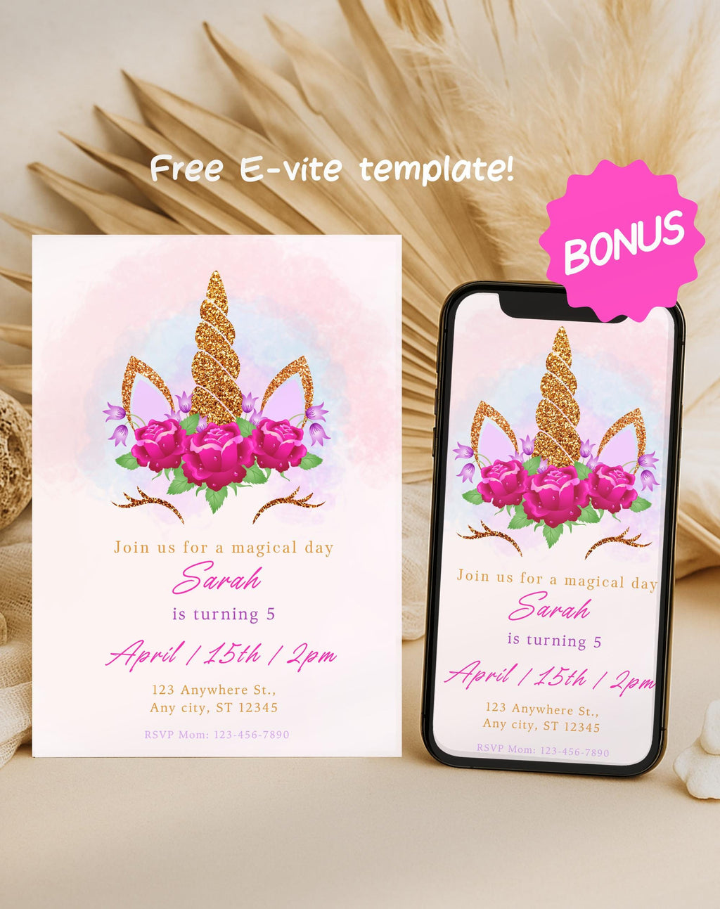 Unicorn Pink Gold Floral Birthday Invitation