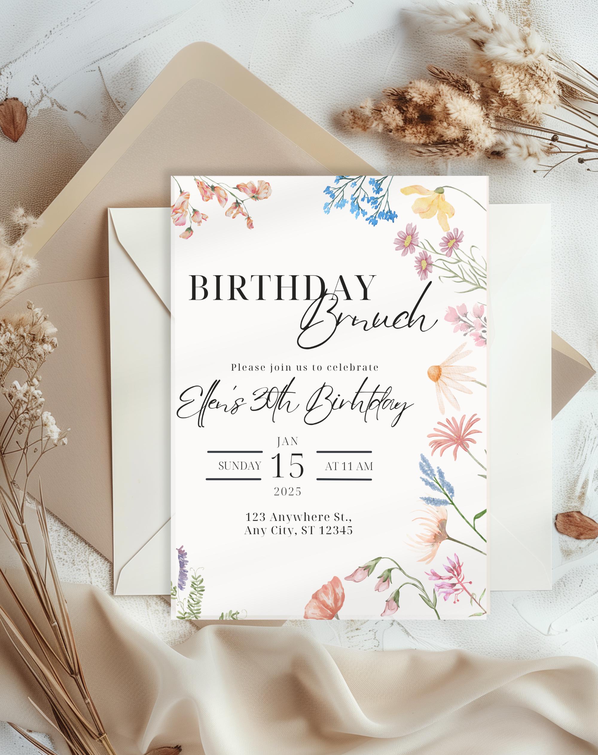Watercolor Wildflower Birthday Brunch Invitation