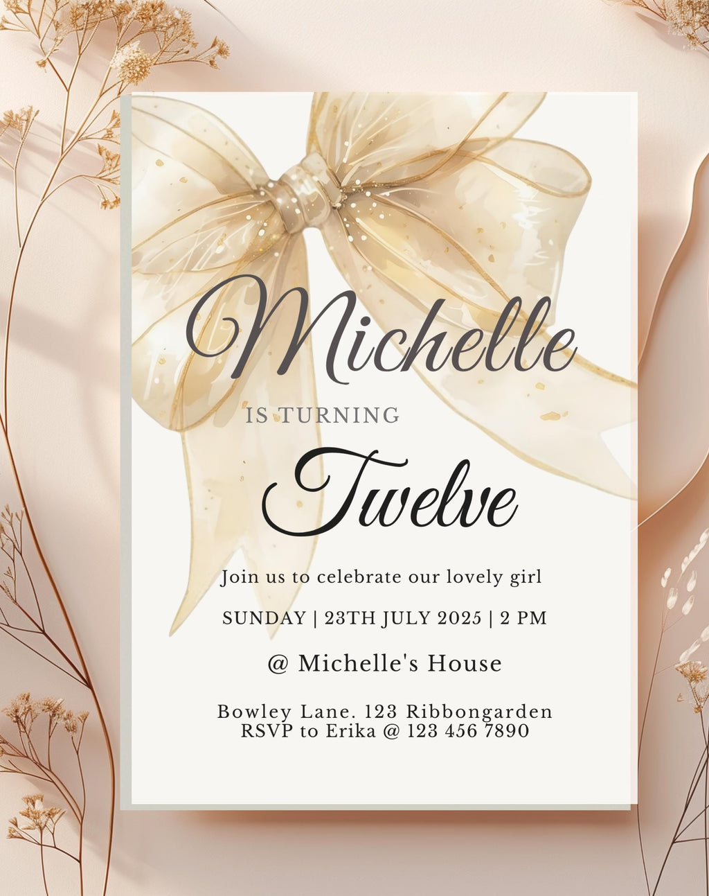 Gold Sheer Bow Birthday Party Invitation