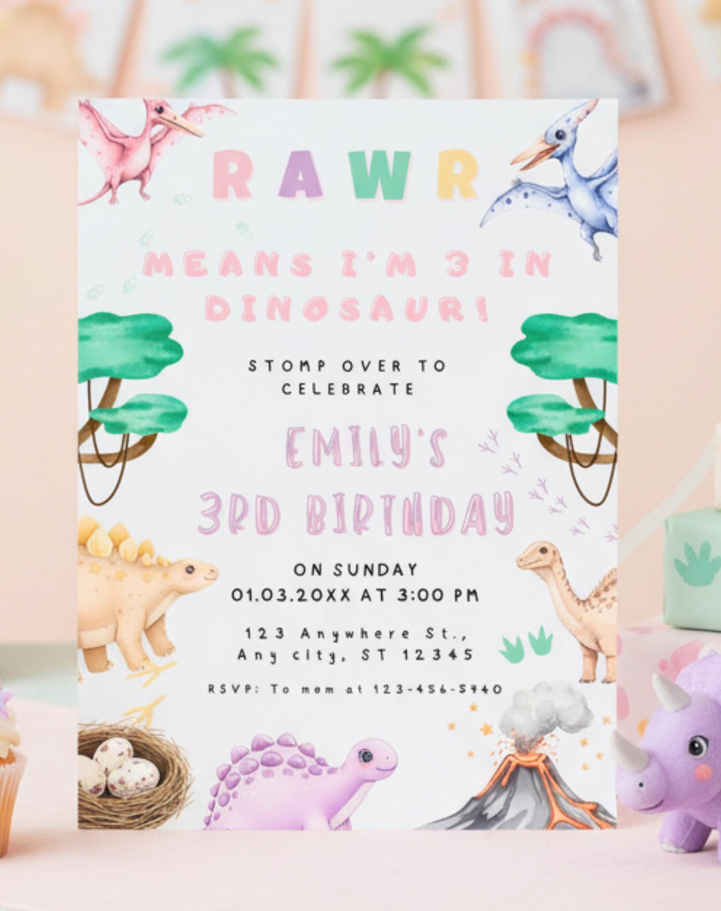 Dinosaur Pastel Birthday Invitation
