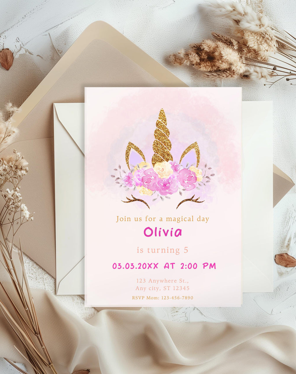 Unicorn Pink Gold Floral Birthday Invitation