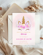 Unicorn Pink Gold Floral Birthday Invitation