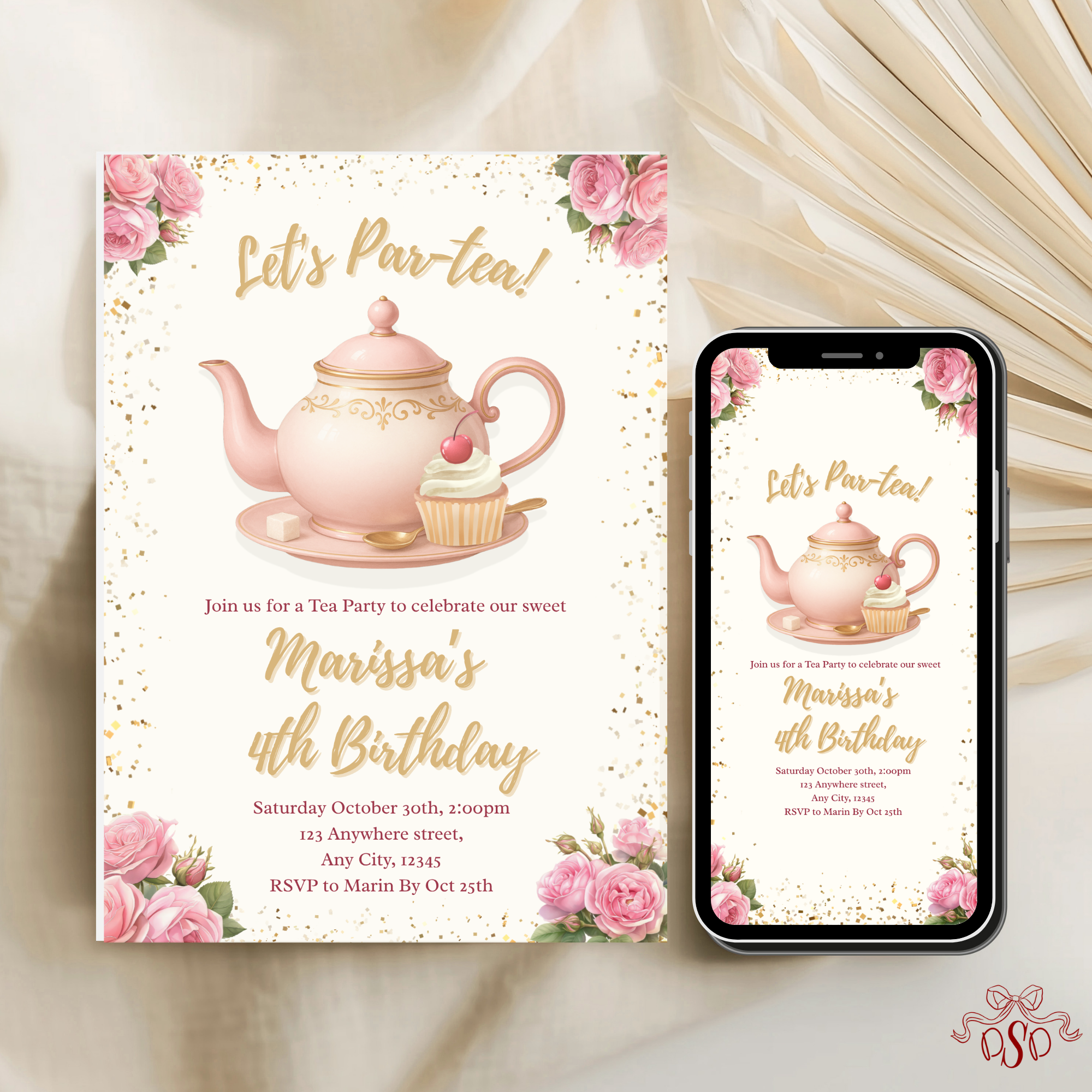 4th Pink Floral Tea Party Birthday Invitation - editable Canva template gallery image