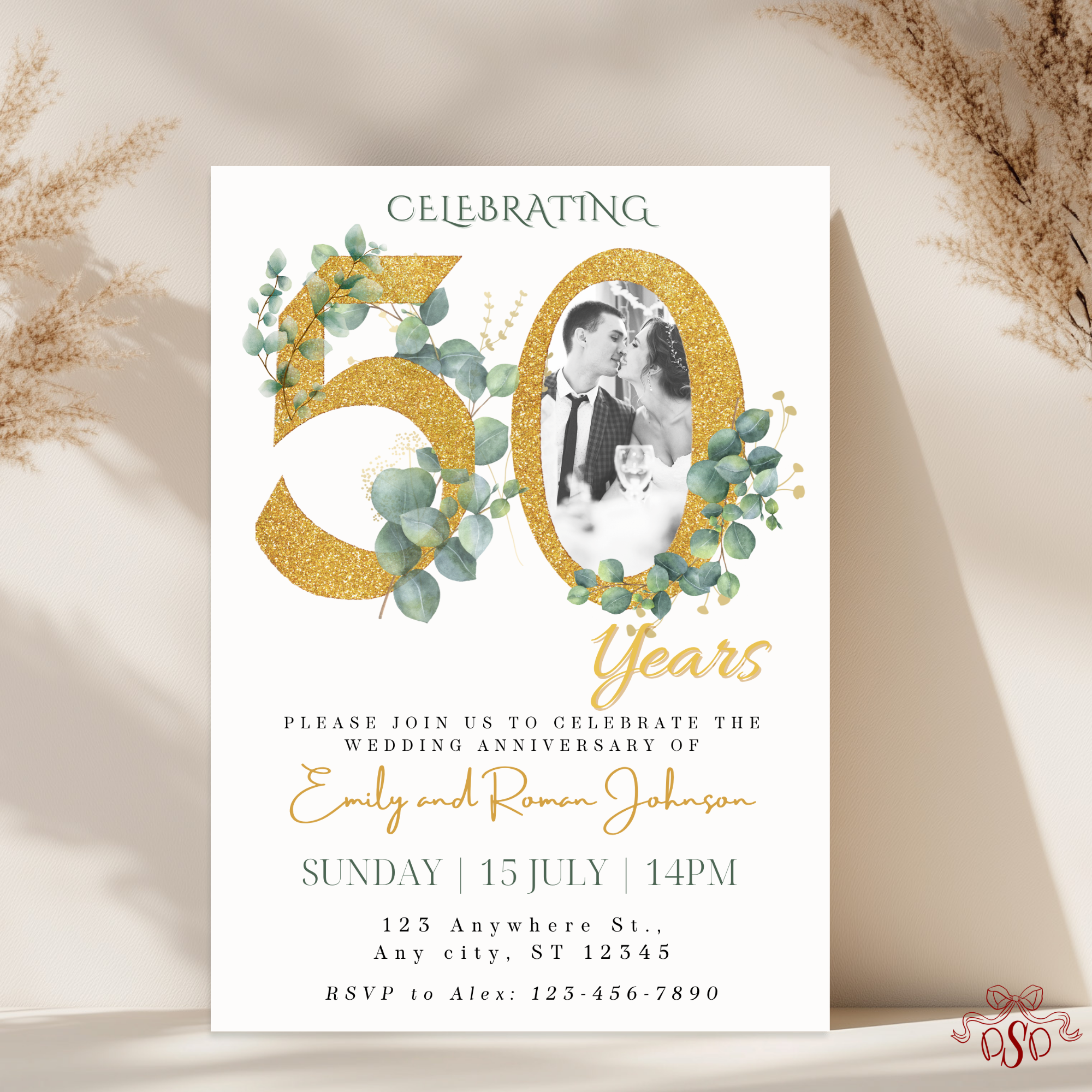 50th Anniversary Invitation Gold Green Photo Design - main design preview