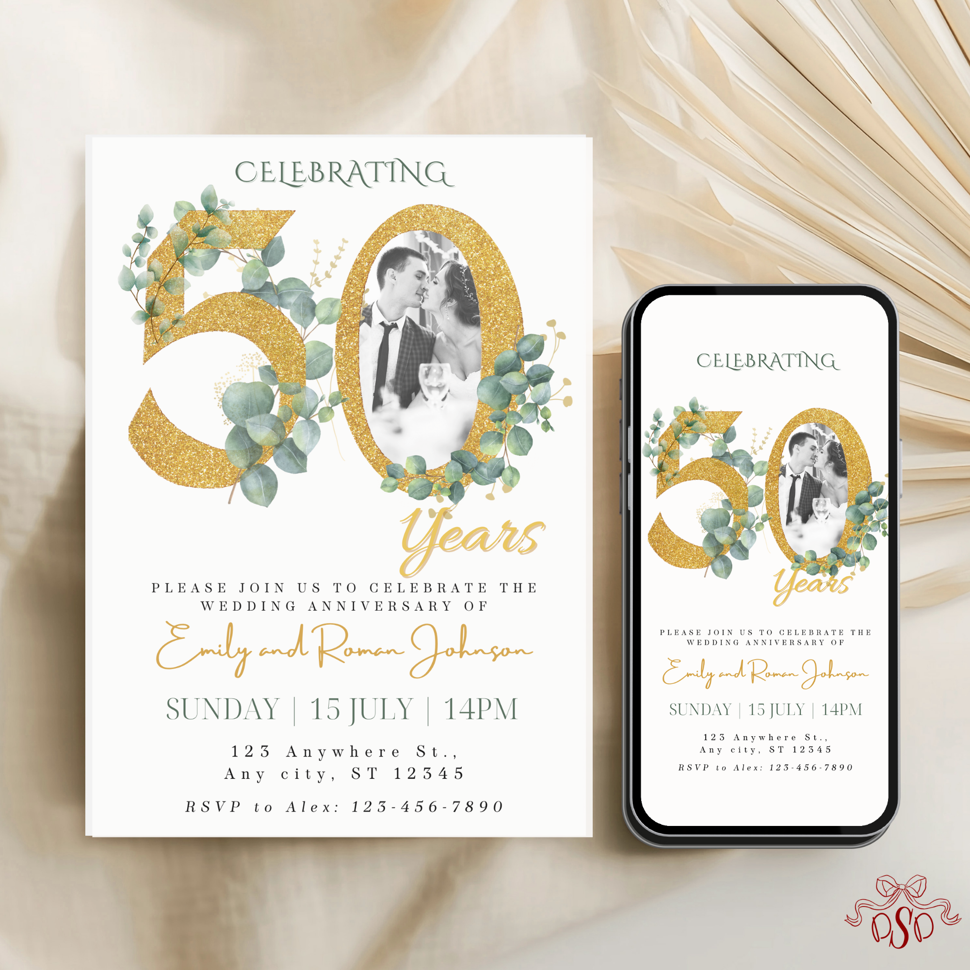 50th Anniversary Invitation Gold Green Photo Design - editable Canva template gallery image
