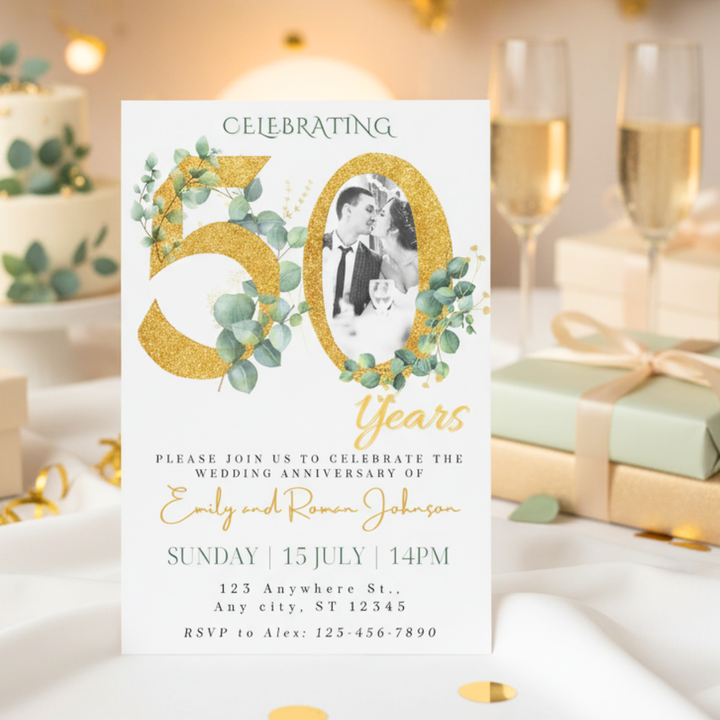 50th Anniversary Invitation Gold Green Photo Design - printable invite design detail