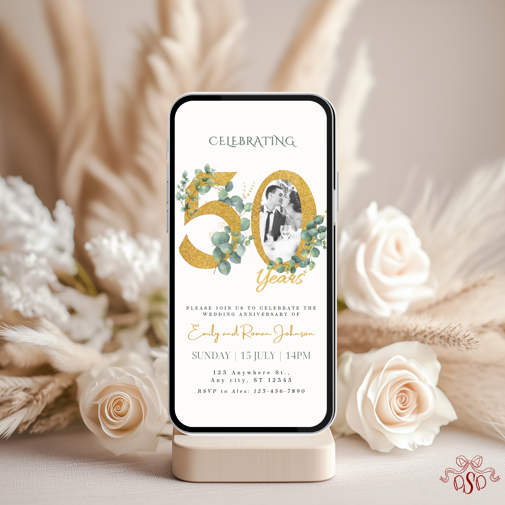 50th Anniversary Invitation Gold Green Photo Design - styled invitation mockup