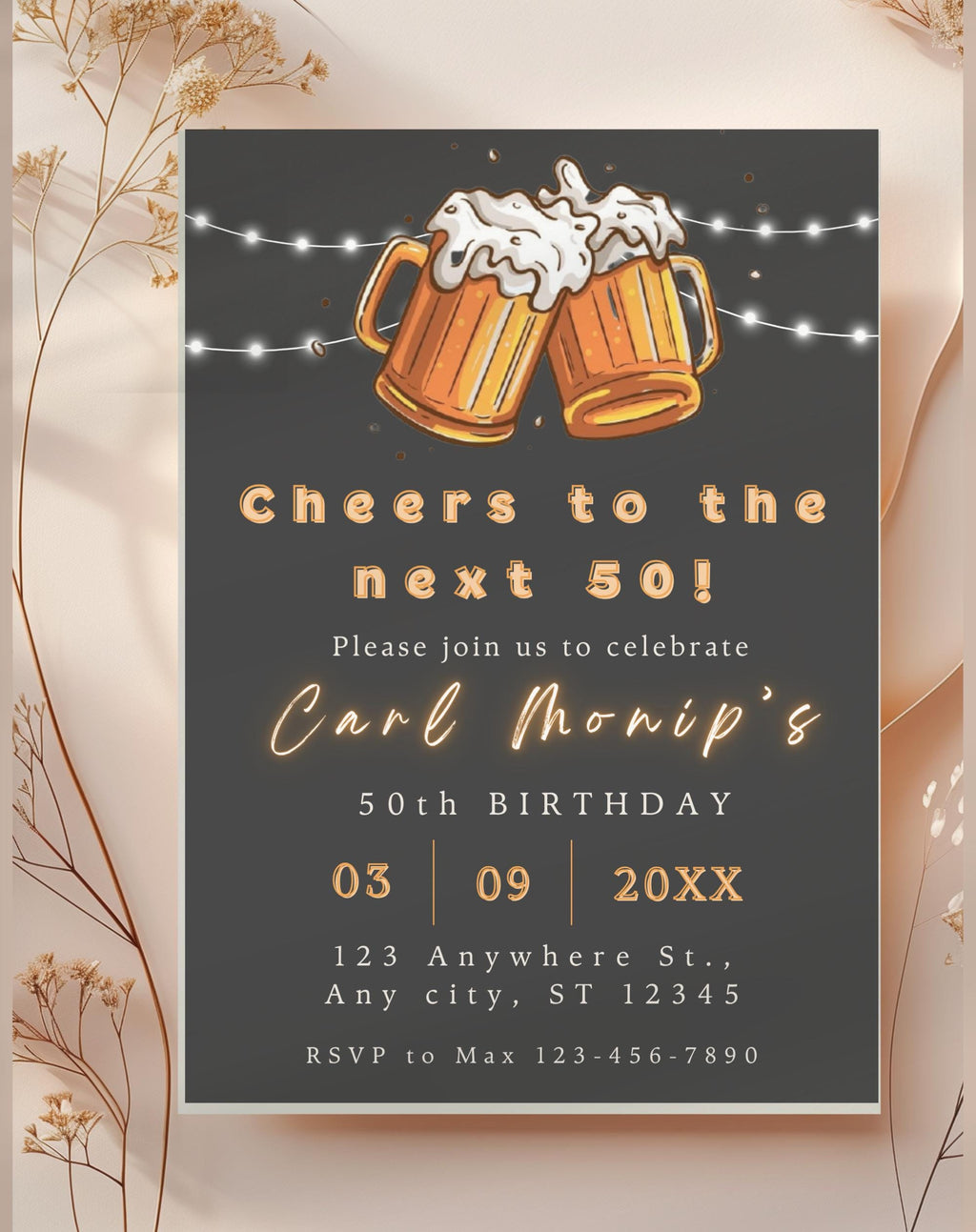 50th Birthday Invitation Cheers and Beers to the Next 50 Beer Party Template Editable in Canva - main design preview