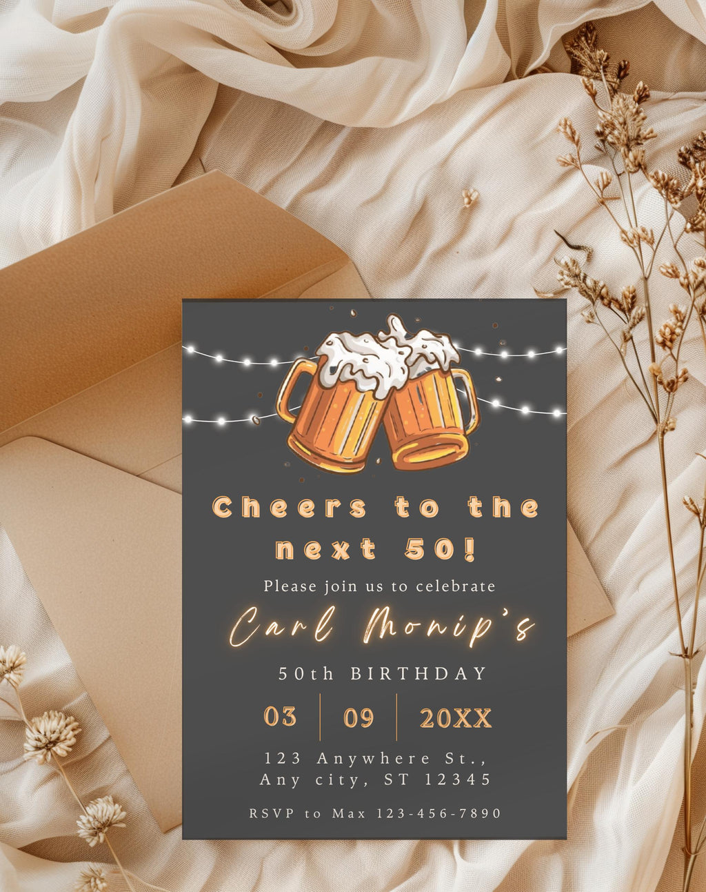 50th Birthday Invitation Cheers and Beers to the Next 50 Beer Party Template Editable in Canva - printable invite design detail
