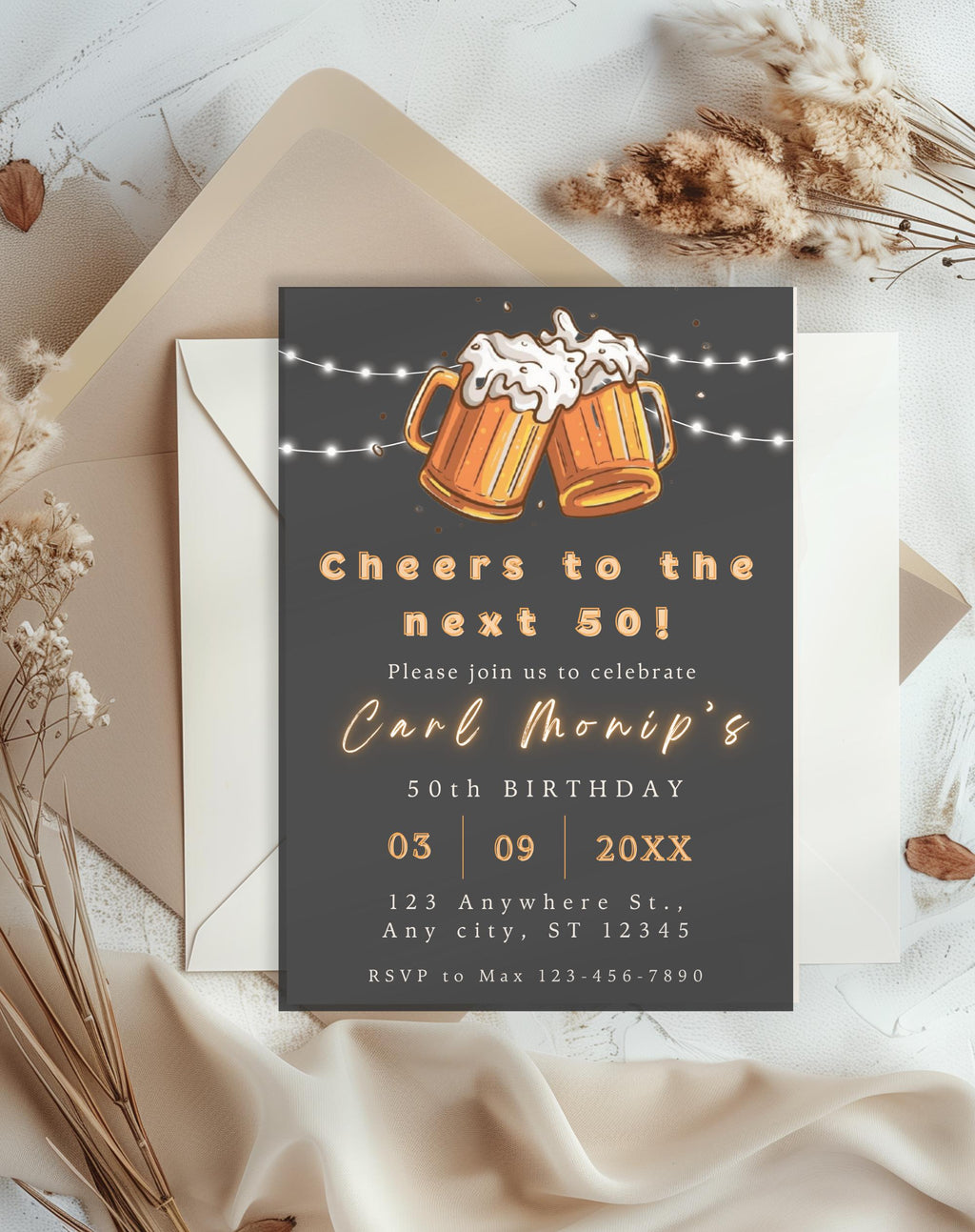 50th Birthday Invitation Cheers and Beers to the Next 50 Beer Party Template Editable in Canva - additional gallery view
