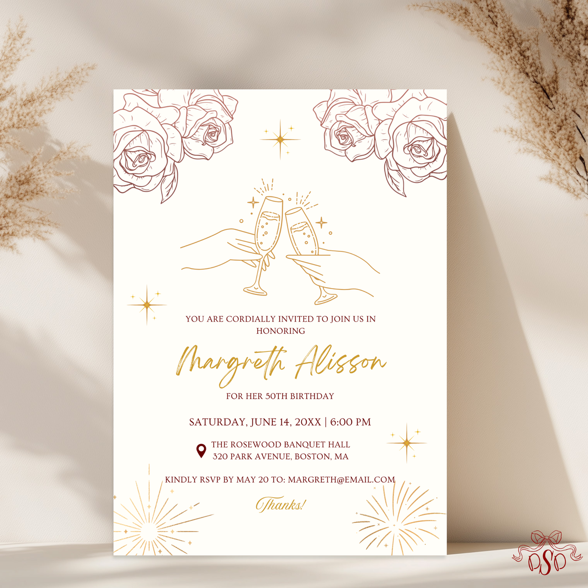 50th Birthday Ivory Gold Floral Champagne Invitation - main design preview