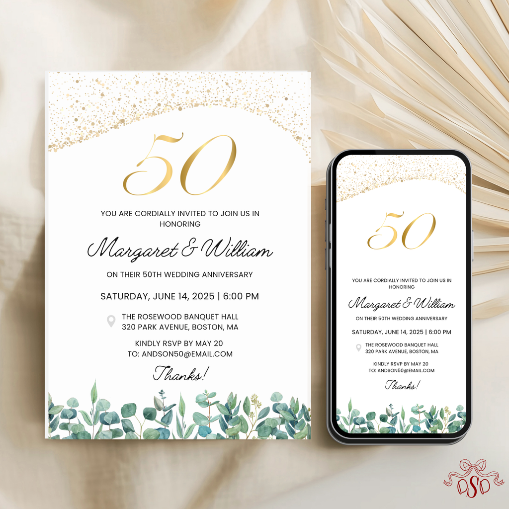 50th Wedding Anniversary Glitter Invitation - editable Canva template gallery image