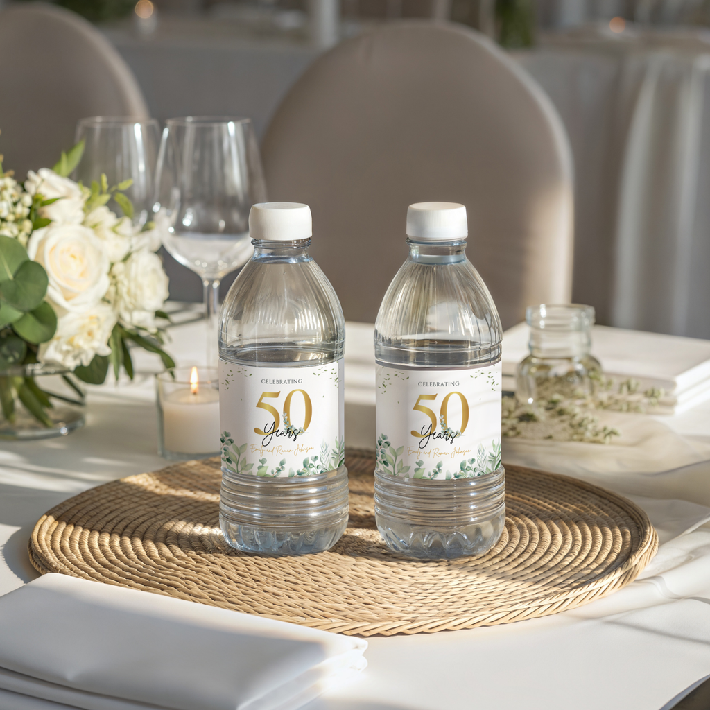 Water Bottle Labels 50th Anniversary Gold Green